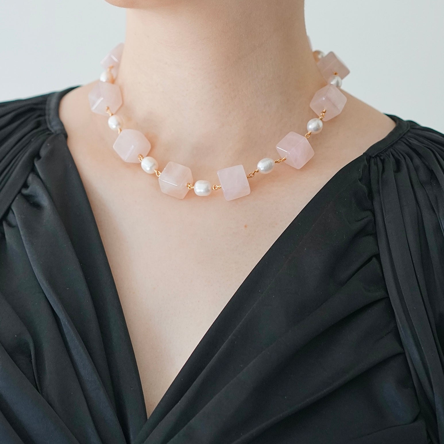 Blush Blocks — Linked Quartz & Pearl Necklace