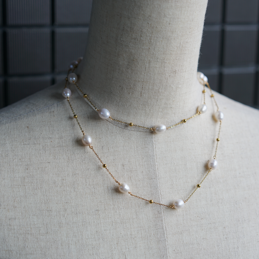 Line & Pearl 03 | 2-Way Freshwater Pearl & Stainless Steel Chain Necklace | Lumefia