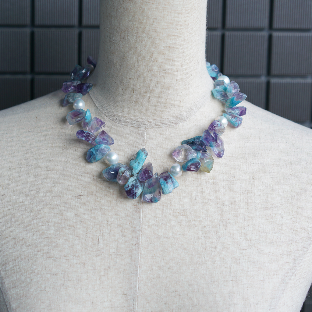 Violet Tide | Blue–Violet Natural Stone & Edison Pearl Necklace | Lumefia