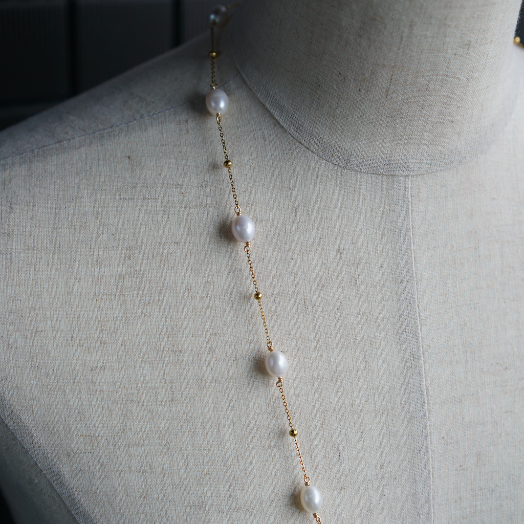 Line & Pearl 03 | 2-Way Freshwater Pearl & Stainless Steel Chain Necklace | Lumefia