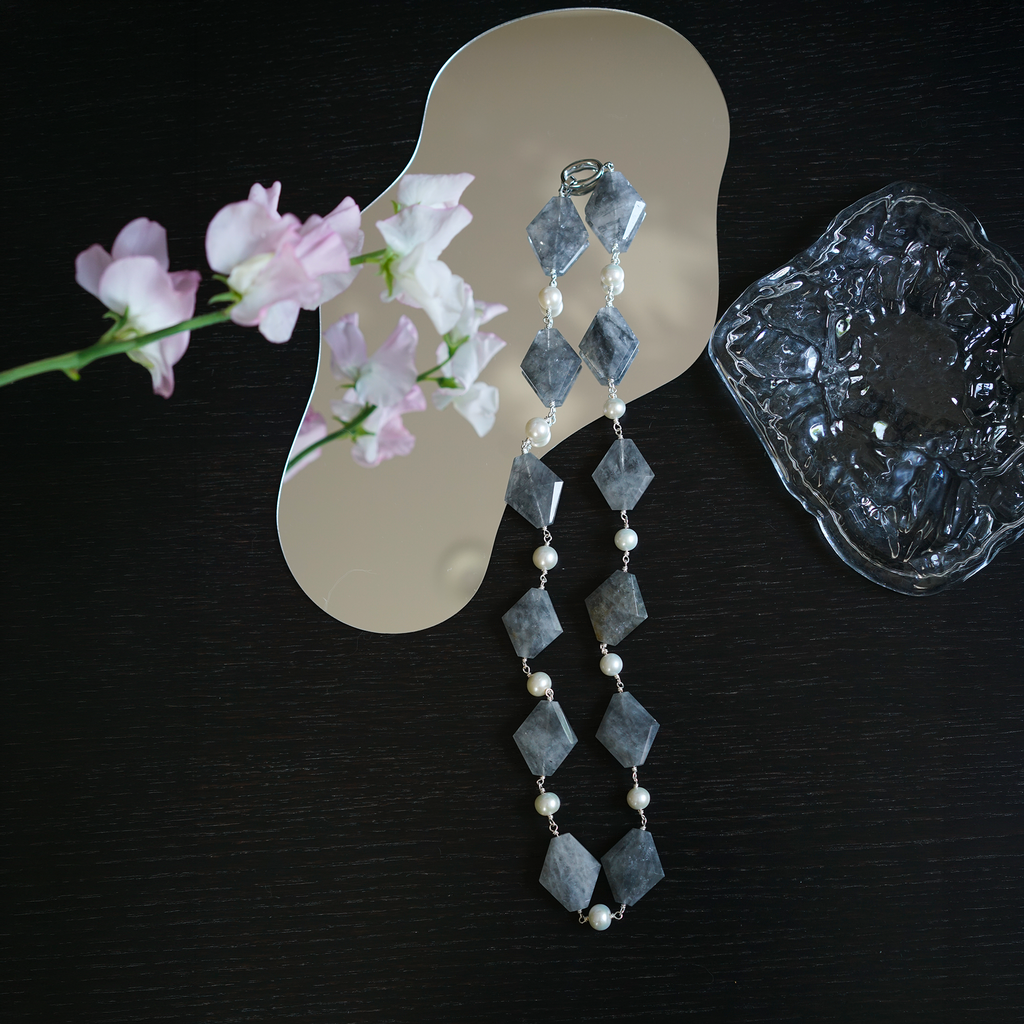 Mist Geometry — Linked Edison Pearl & Quartz Necklace