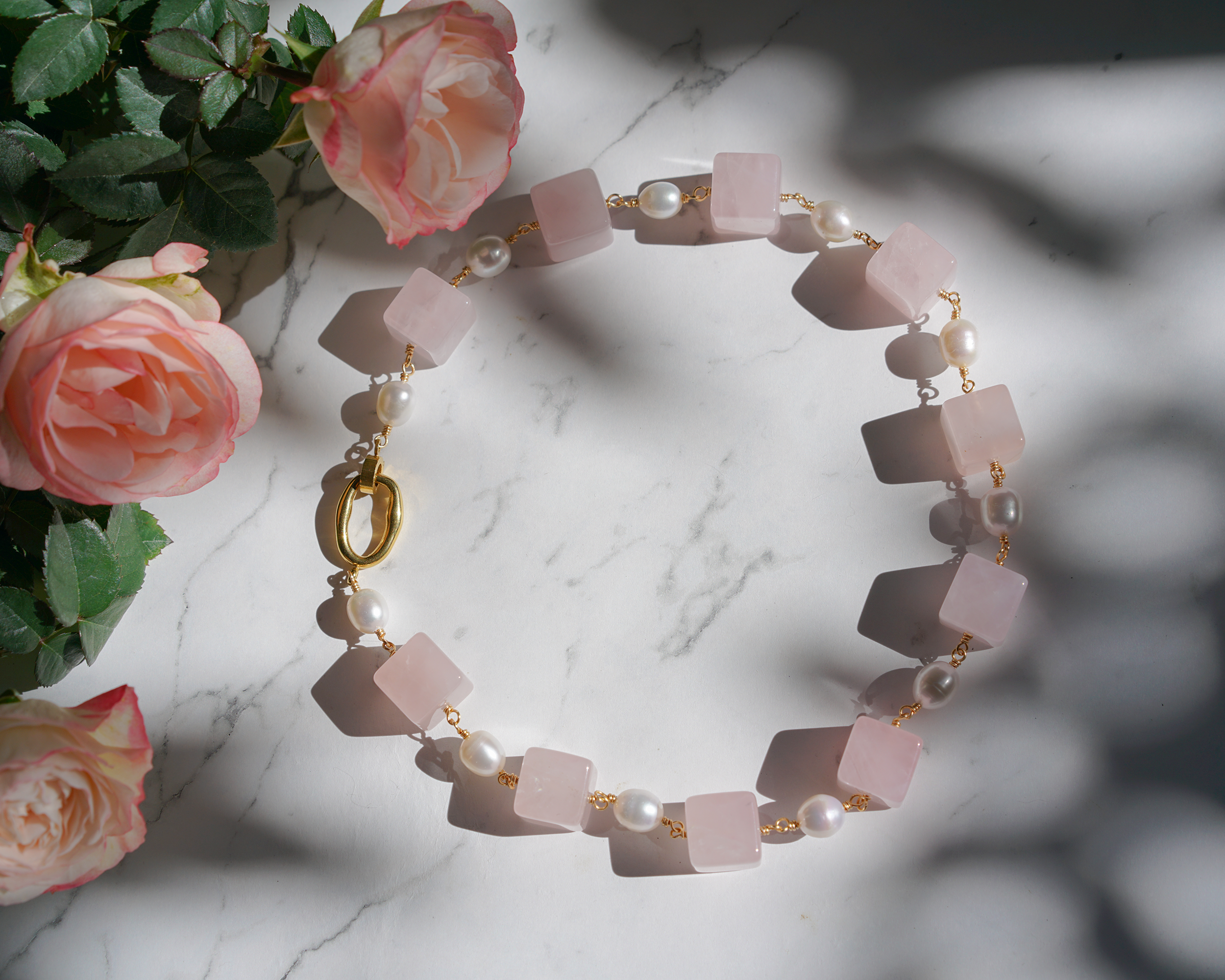Blush Blocks — Linked Quartz & Pearl Necklace