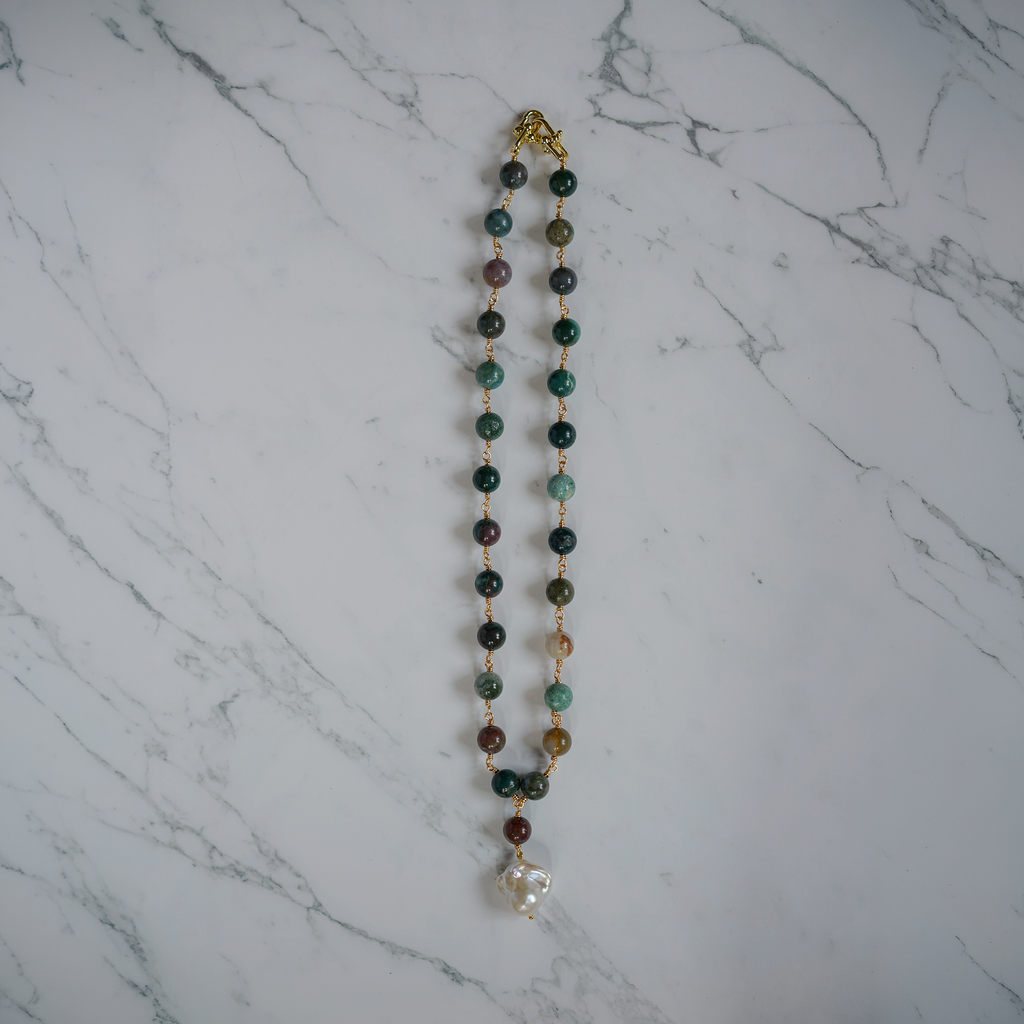 Forest Tone — Hand-Linked Agate & Baroque Pearl Necklace
