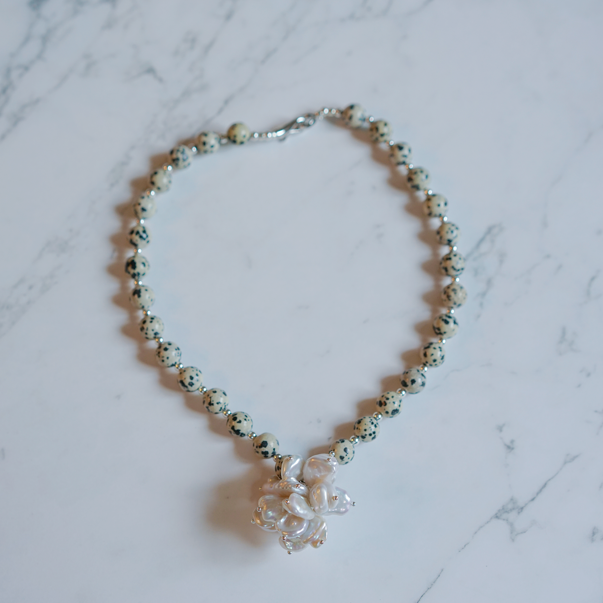 Freckle Flower — Dalmatian Jasper & Baroque Pearl Necklace