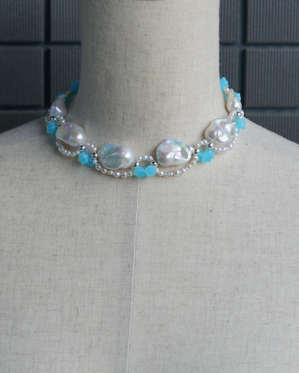 Blue Reverie | Silver-Blue Baroque Pearl & Czech Glass Flower Choker | Lumefia