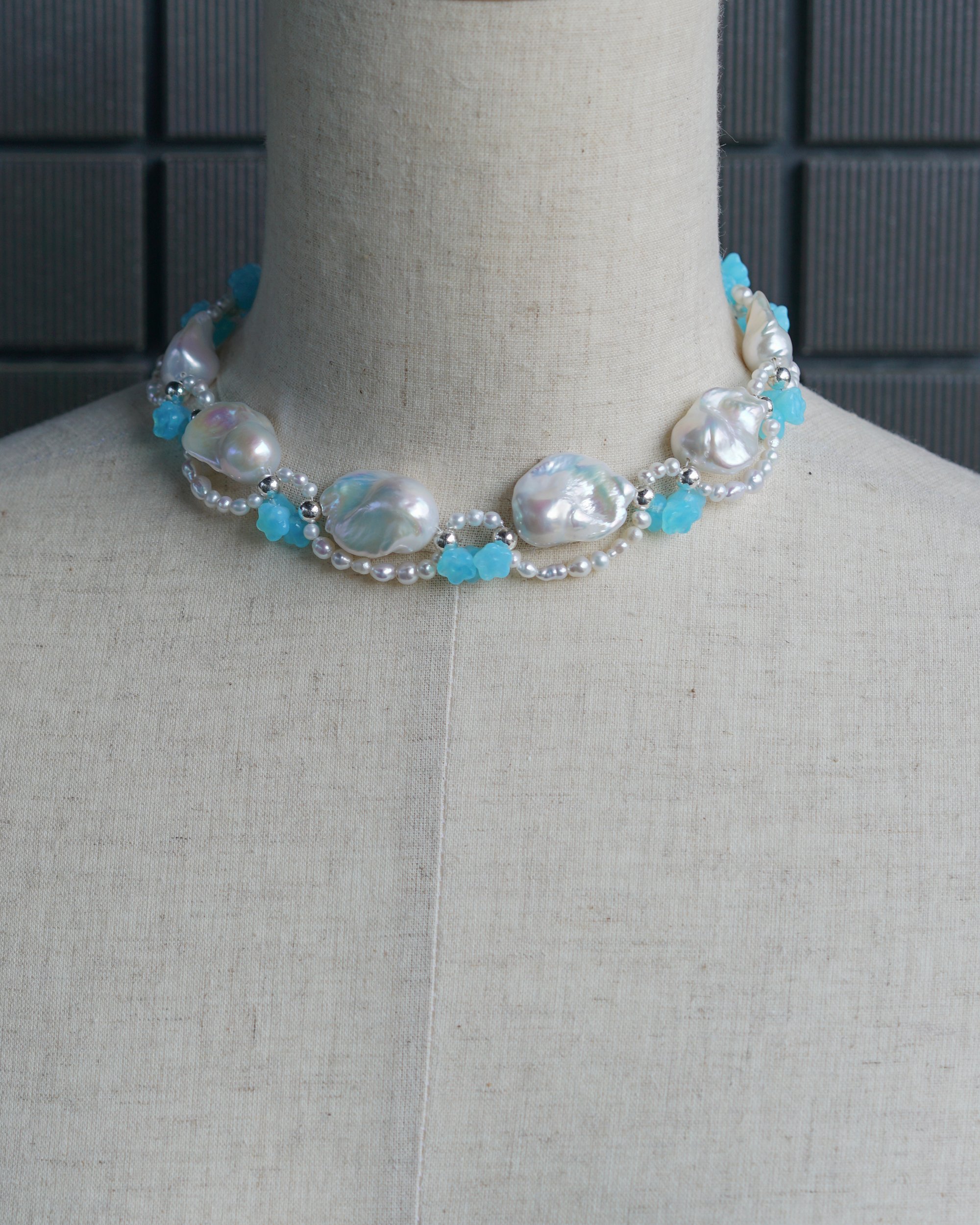Blue Reverie | Silver-Blue Baroque Pearl & Czech Glass Flower Choker | Lumefia
