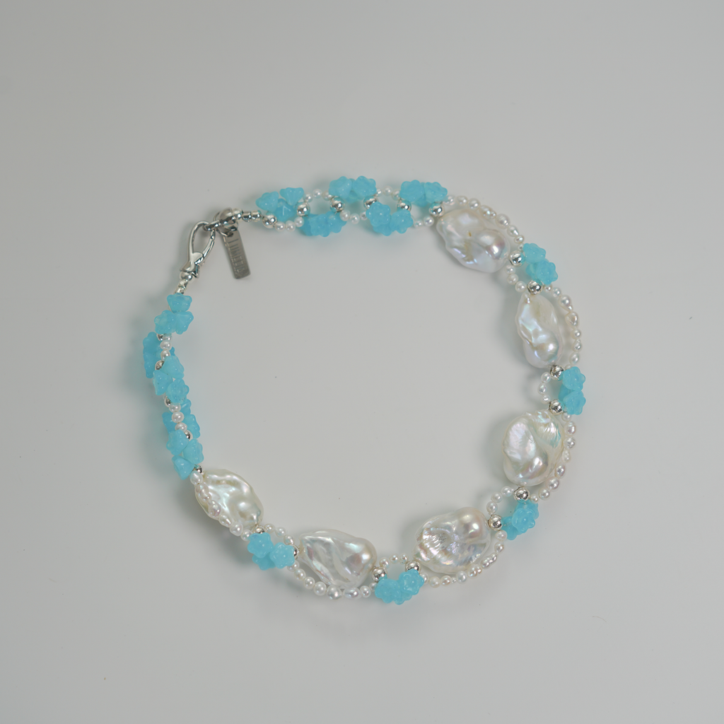 Blue Reverie | Silver-Blue Baroque Pearl & Czech Glass Flower Choker | Lumefia