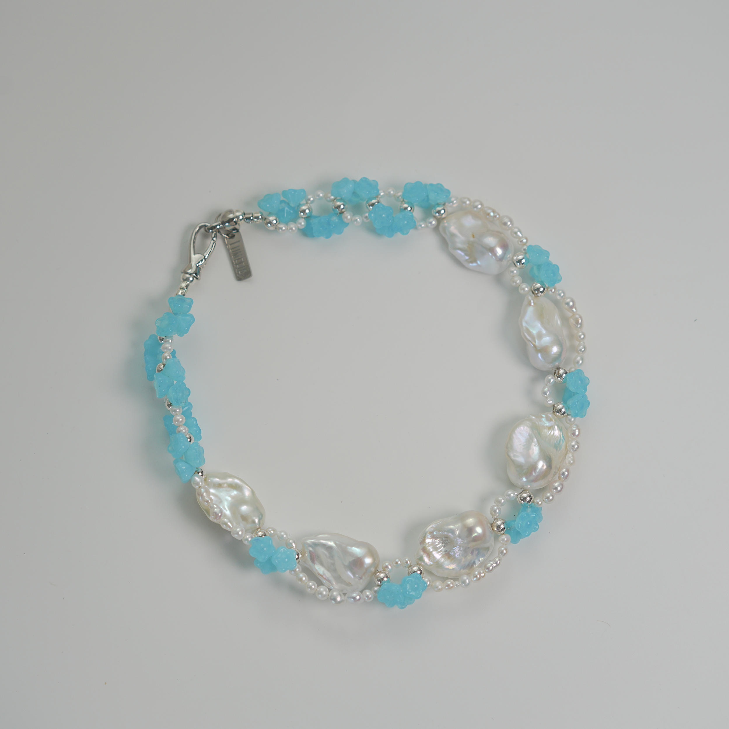 Blue Reverie | Silver-Blue Baroque Pearl & Czech Glass Flower Choker | Lumefia