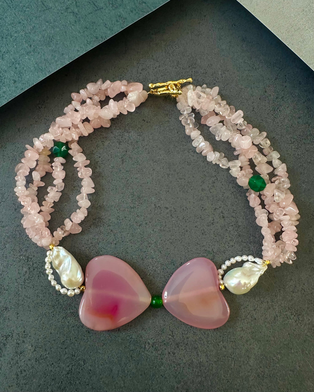 Twin Petals — Baroque Pearl, Agate & Rose Quartz Necklace
