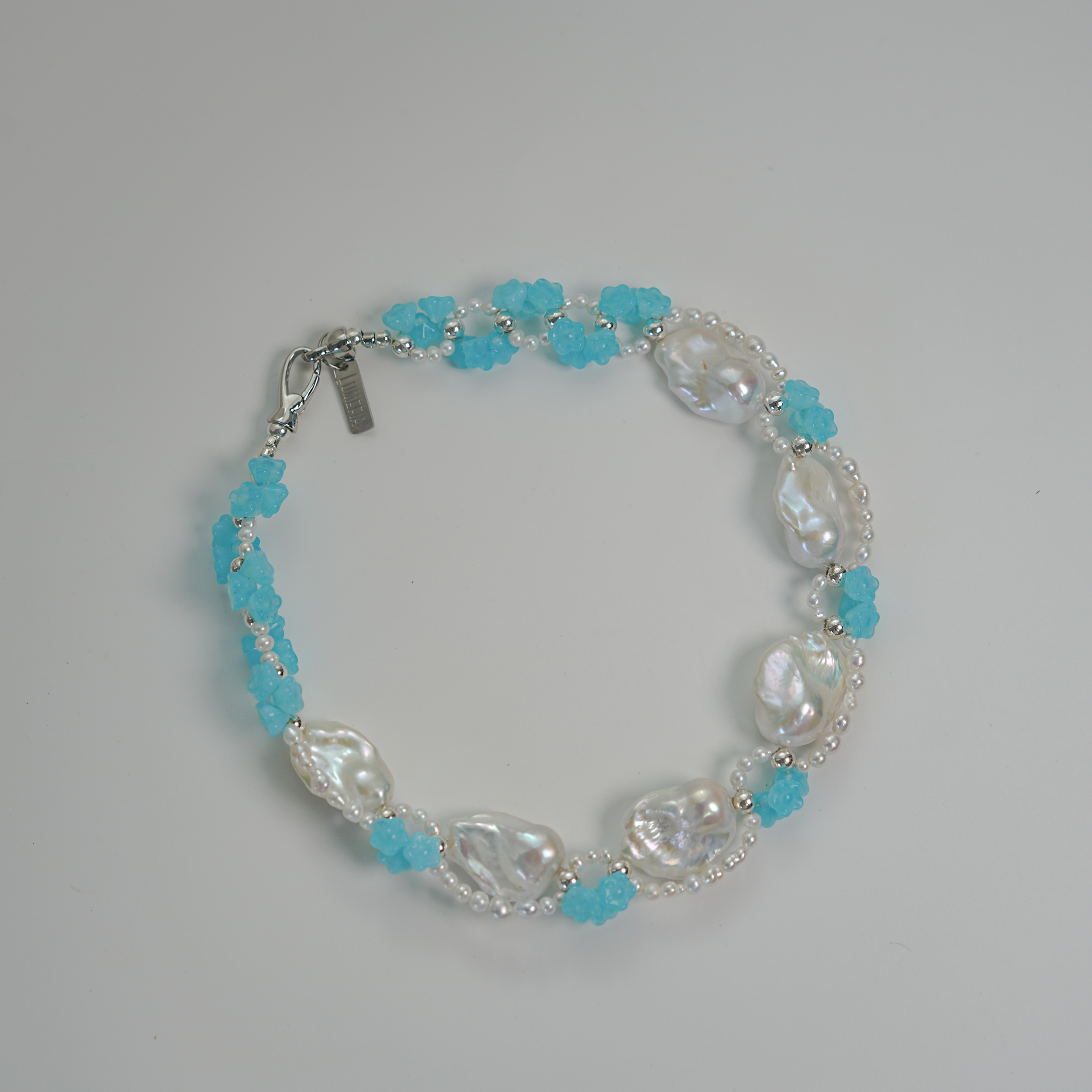 Blue Reverie | Silver-Blue Baroque Pearl & Czech Glass Flower Choker | Lumefia