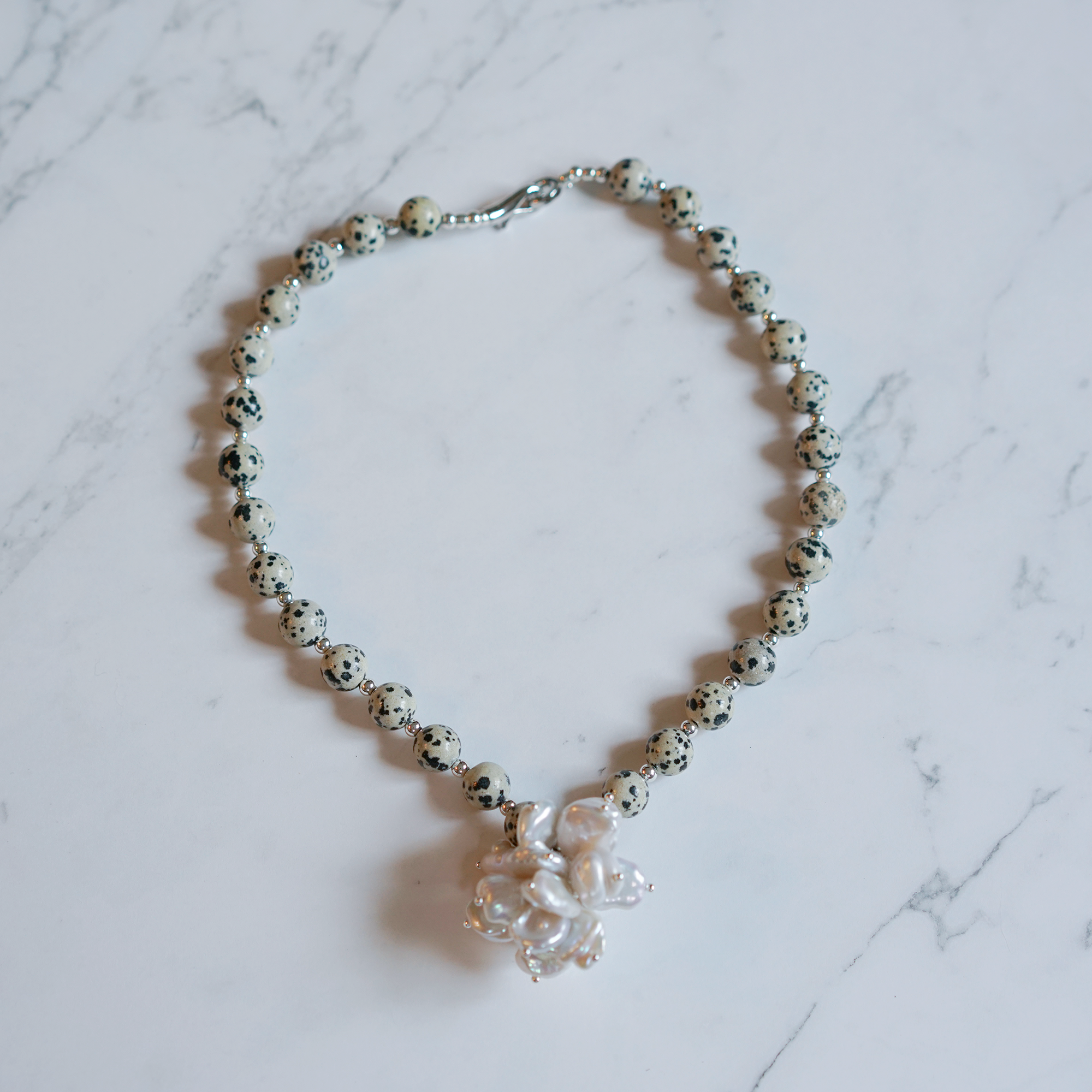 Freckle Flower — Dalmatian Jasper & Baroque Pearl Necklace