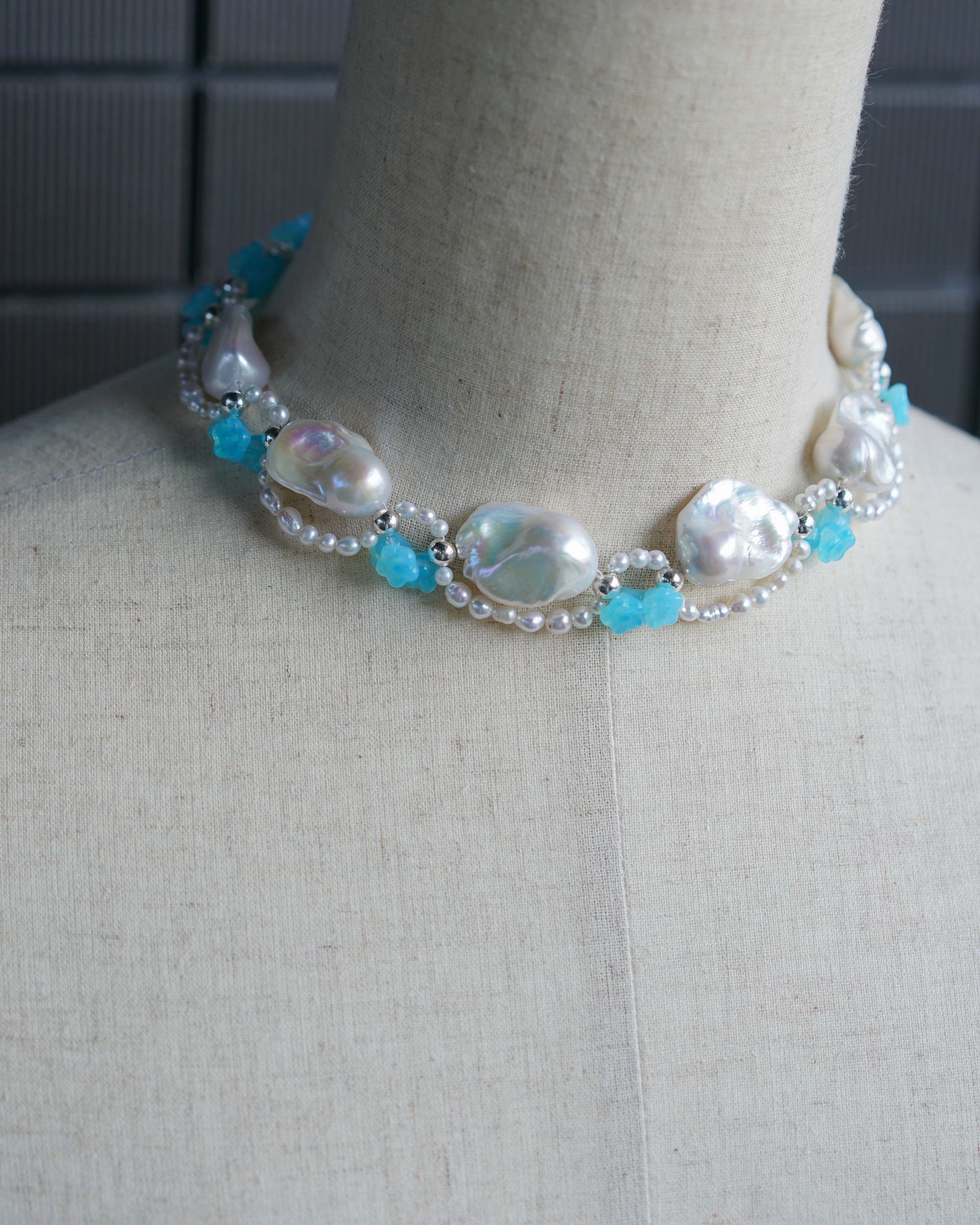 Blue Reverie | Silver-Blue Baroque Pearl & Czech Glass Flower Choker | Lumefia