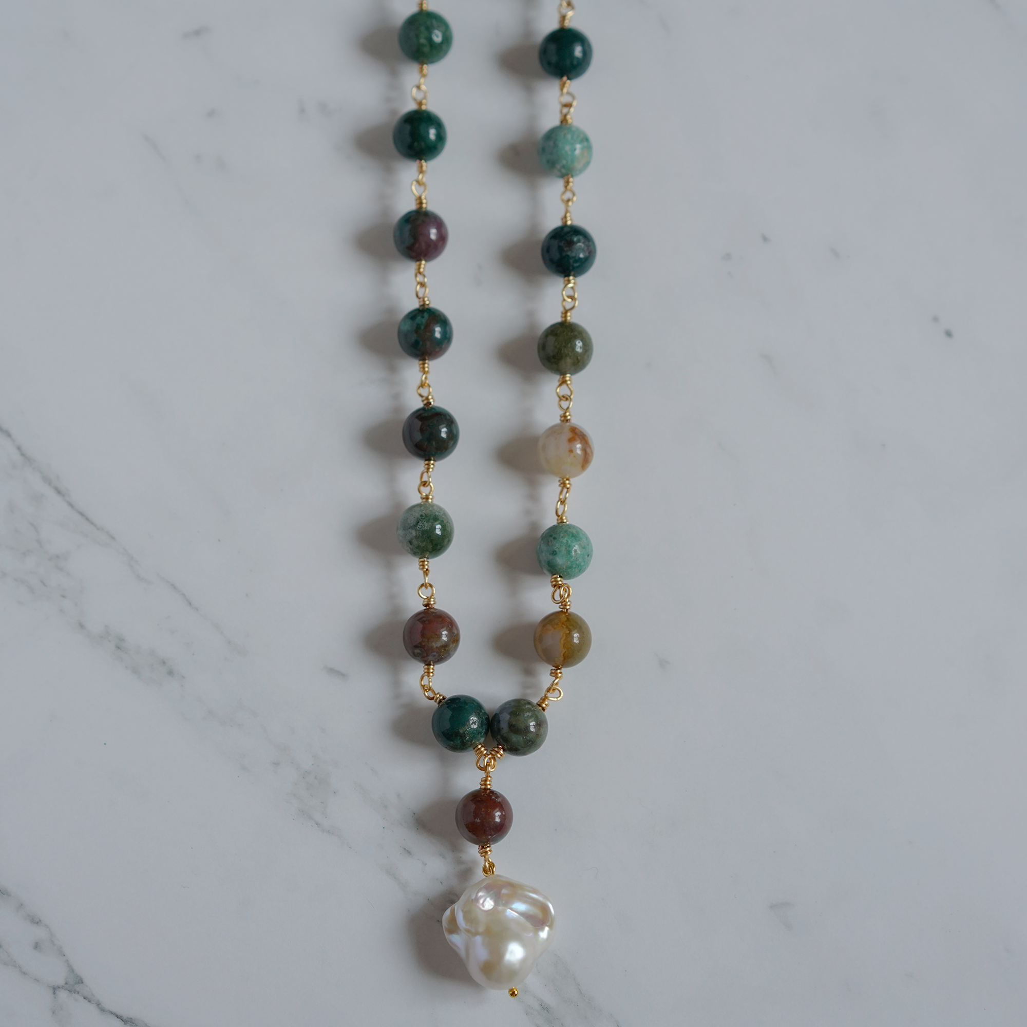 Forest Tone — Hand-Linked Agate & Baroque Pearl Necklace