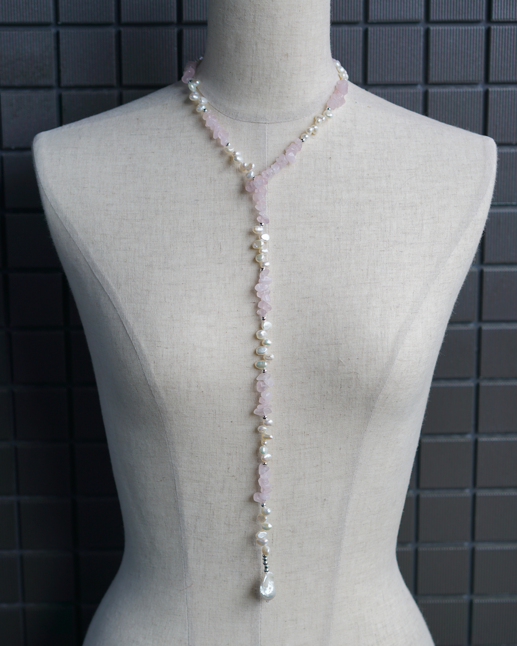 Soft Drift | Rose Quartz & Baroque Pearl 2-Way Long Necklace | Lumefia