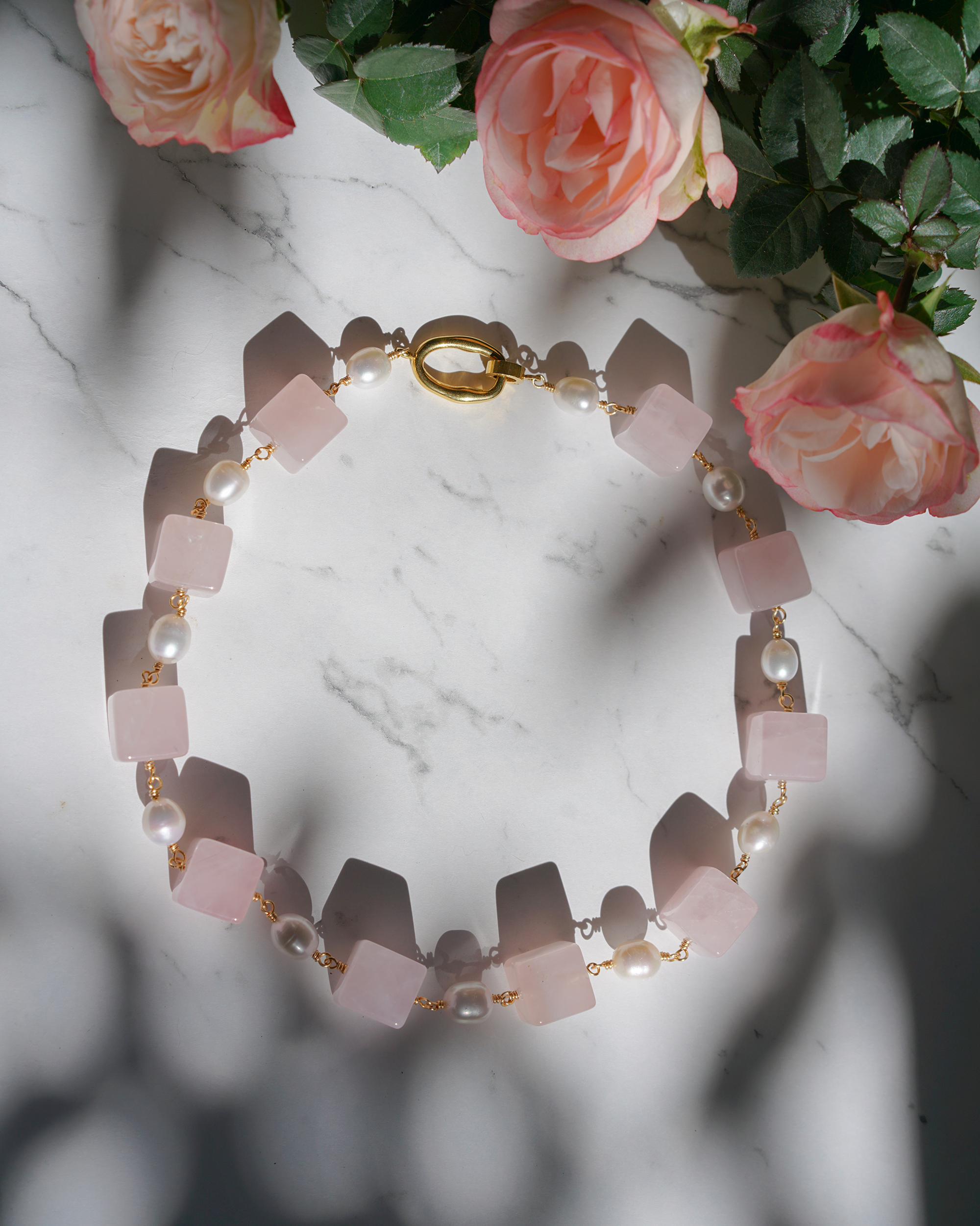 Blush Blocks — Linked Quartz & Pearl Necklace