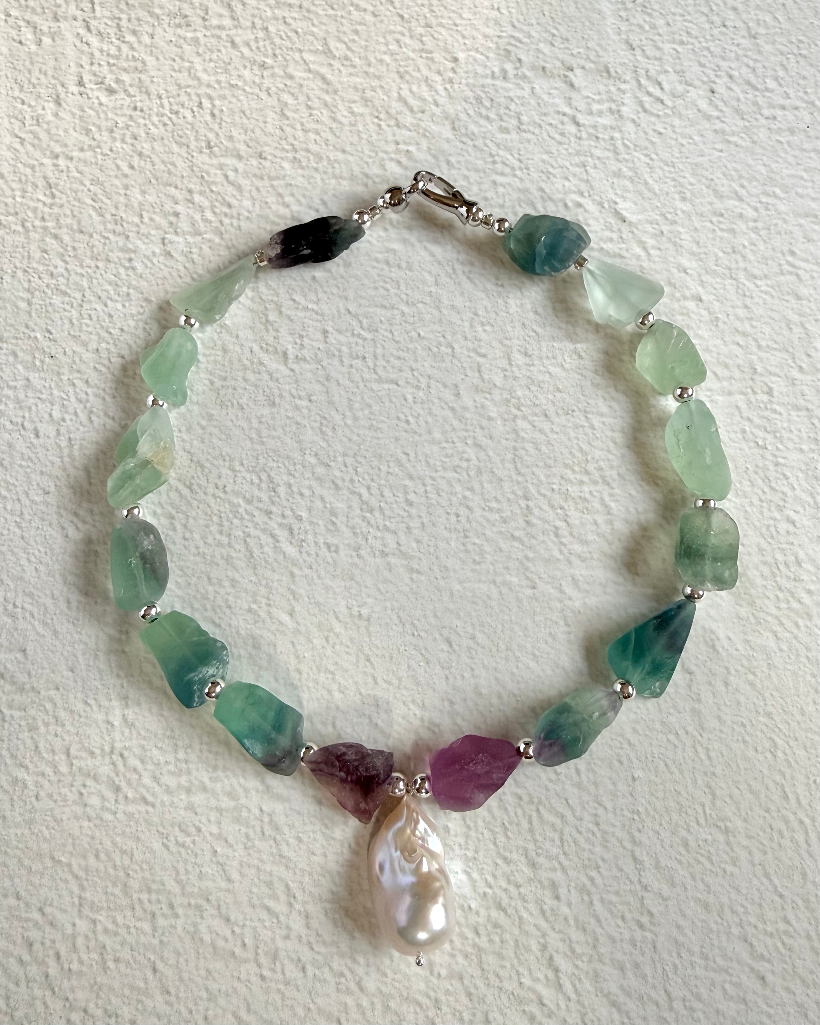 Aqua Whisper — Fluorite & Baroque Pearl Necklace