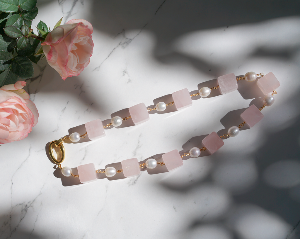 Blush Blocks — Linked Quartz & Pearl Necklace