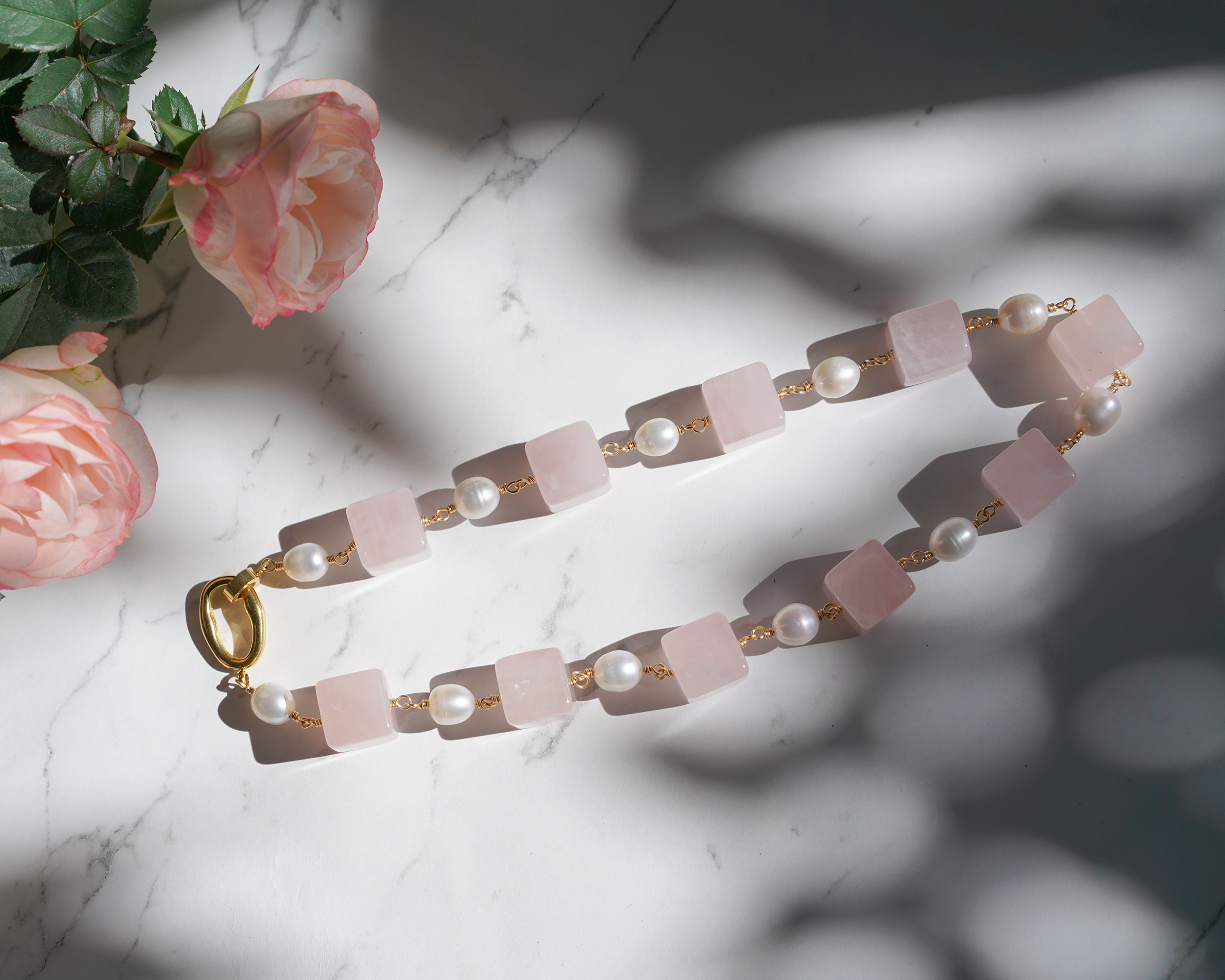 Blush Blocks — Linked Quartz & Pearl Necklace