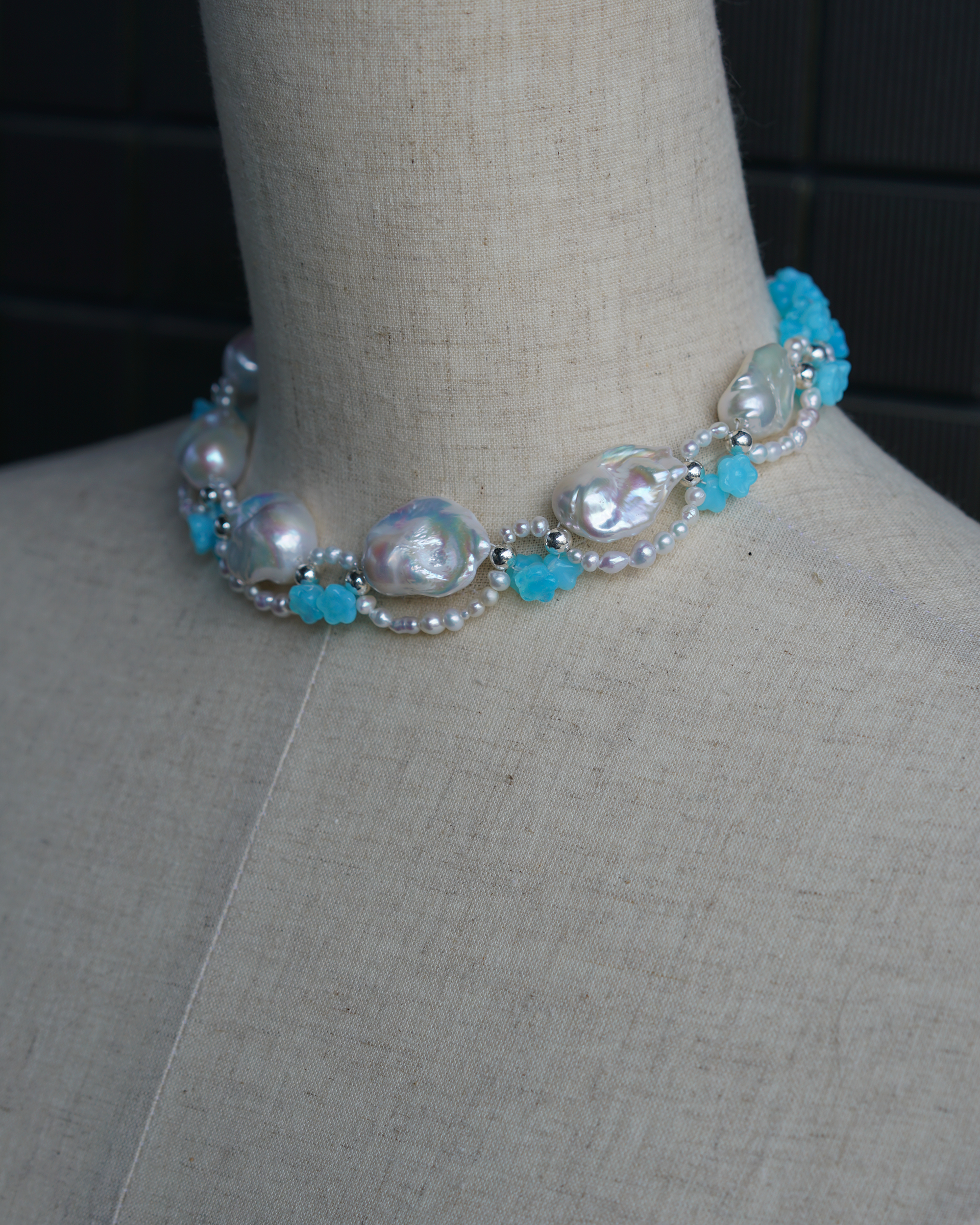 Blue Reverie | Silver-Blue Baroque Pearl & Czech Glass Flower Choker | Lumefia
