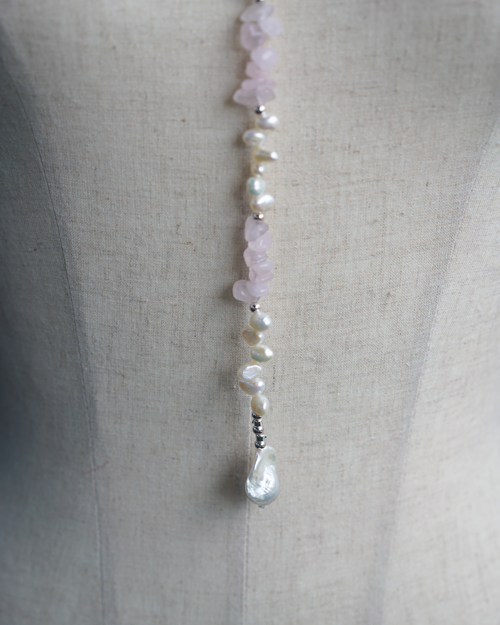 Soft Drift | Rose Quartz & Baroque Pearl 2-Way Long Necklace | Lumefia