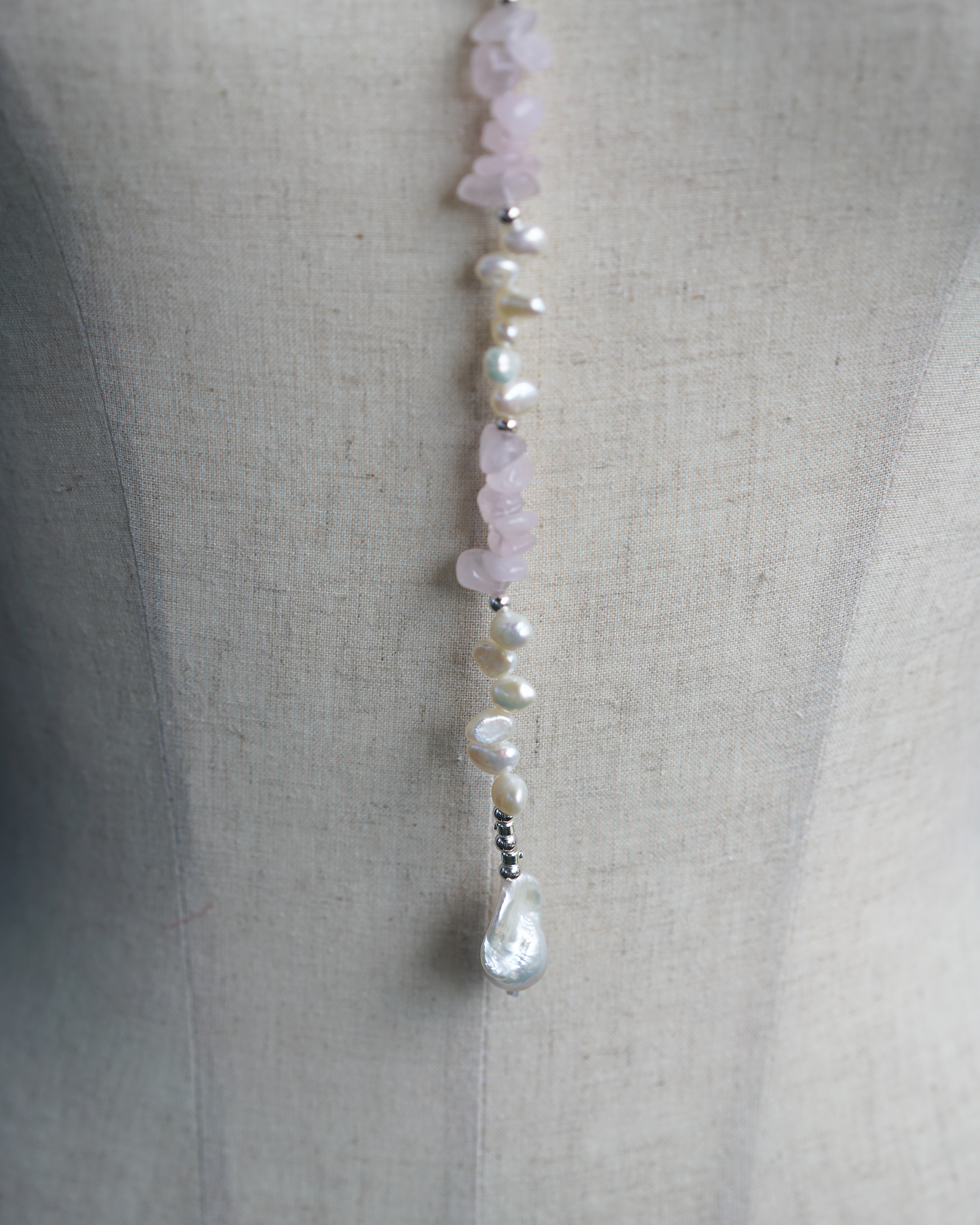Soft Drift | Rose Quartz & Baroque Pearl 2-Way Long Necklace | Lumefia