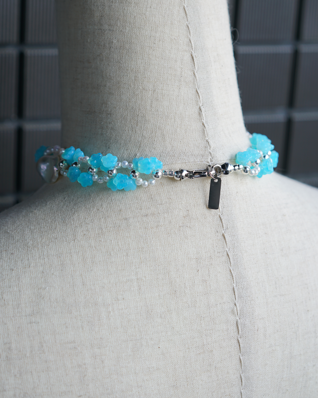 Blue Reverie | Silver-Blue Baroque Pearl & Czech Glass Flower Choker | Lumefia