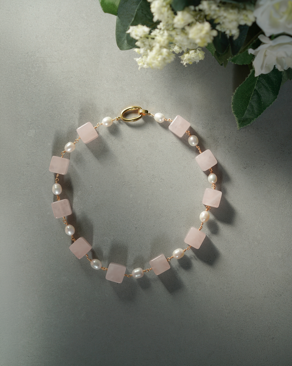 Blush Blocks — Linked Quartz & Pearl Necklace