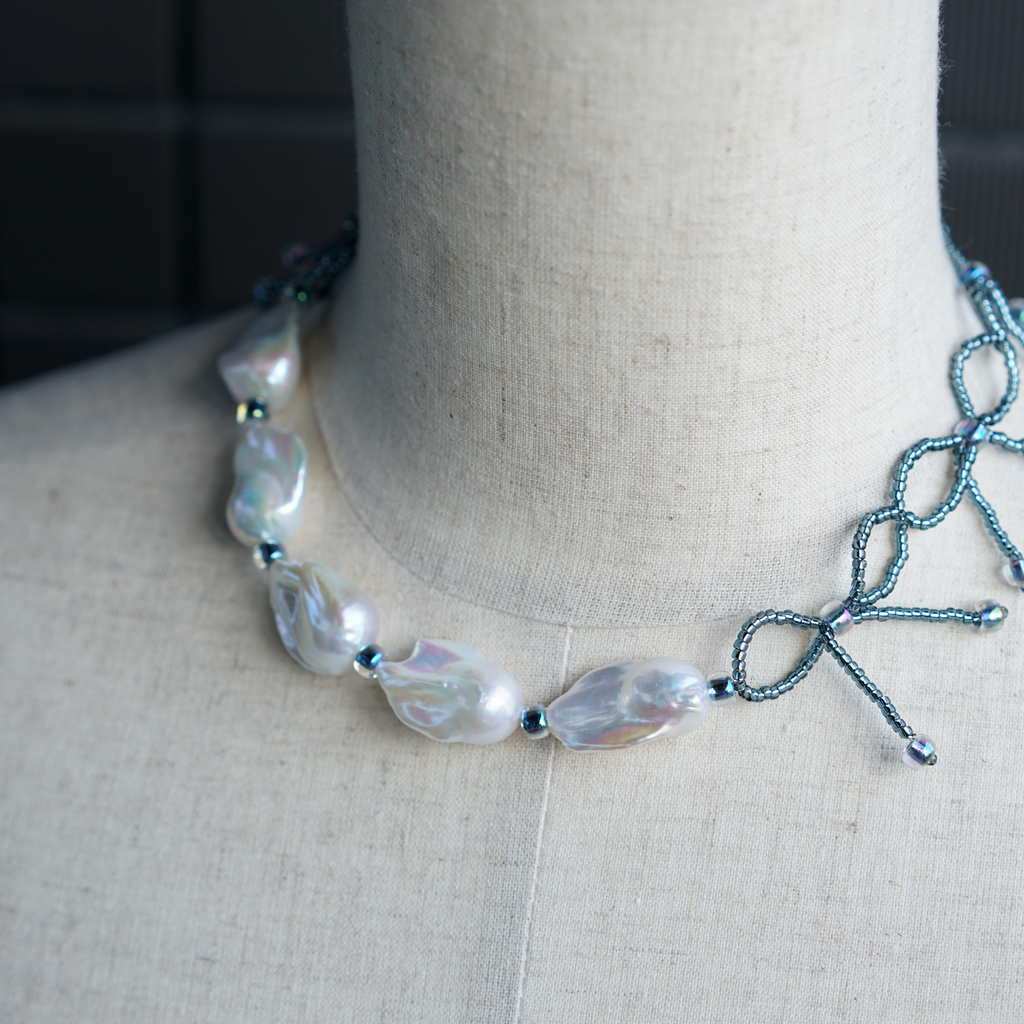 Ice Knot | Silver-Blue Baroque Pearl & Japanese Glass Choker