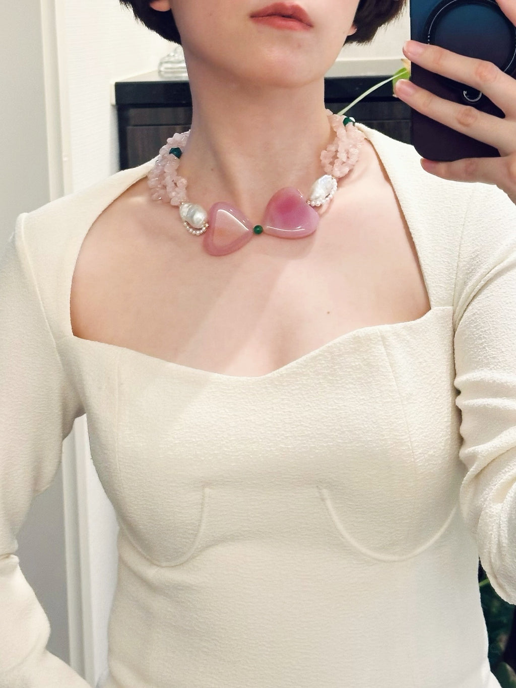Twin Petals — Baroque Pearl, Agate & Rose Quartz Necklace