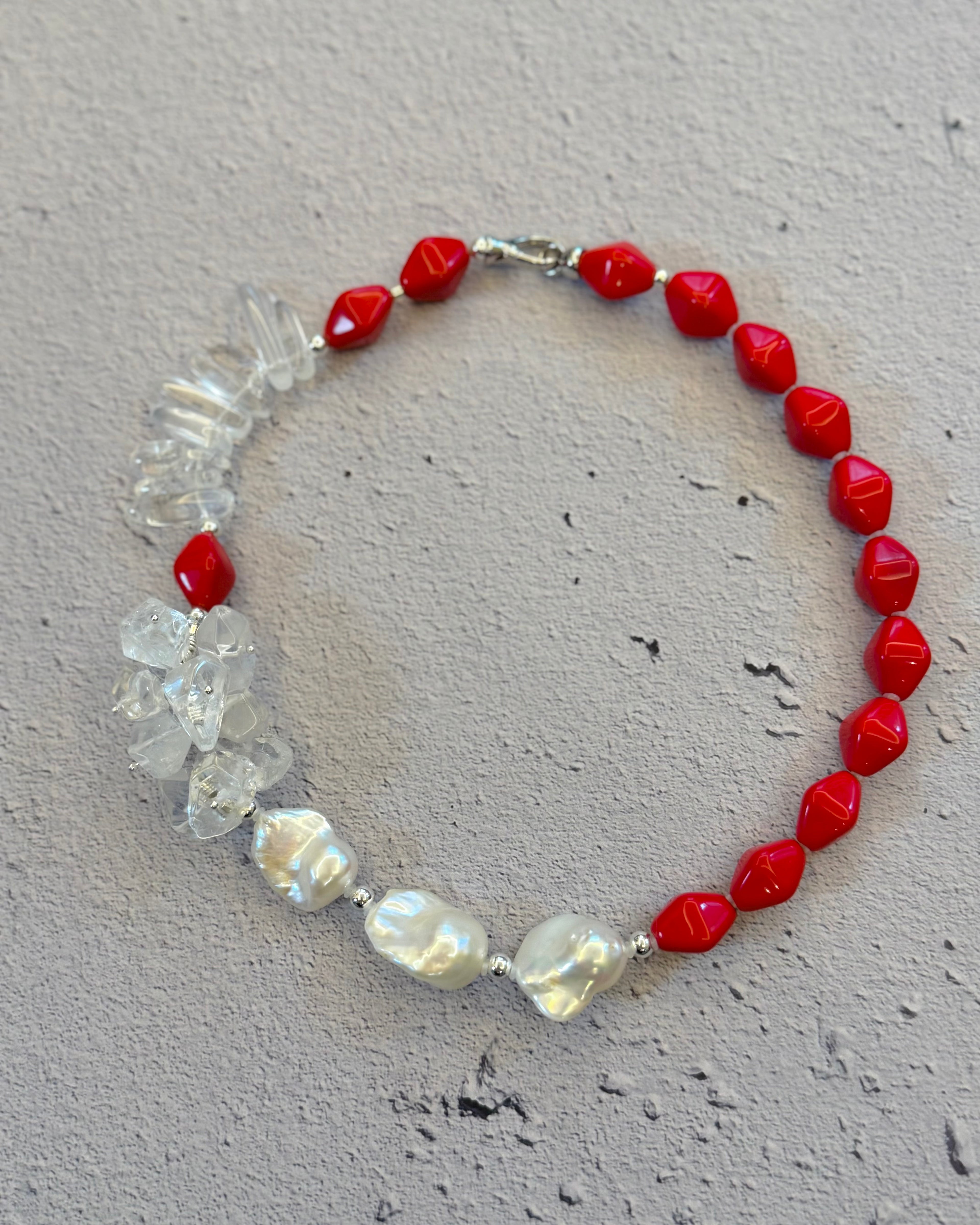 Scarlet Frost — Czech Glass & Baroque Pearl Necklace