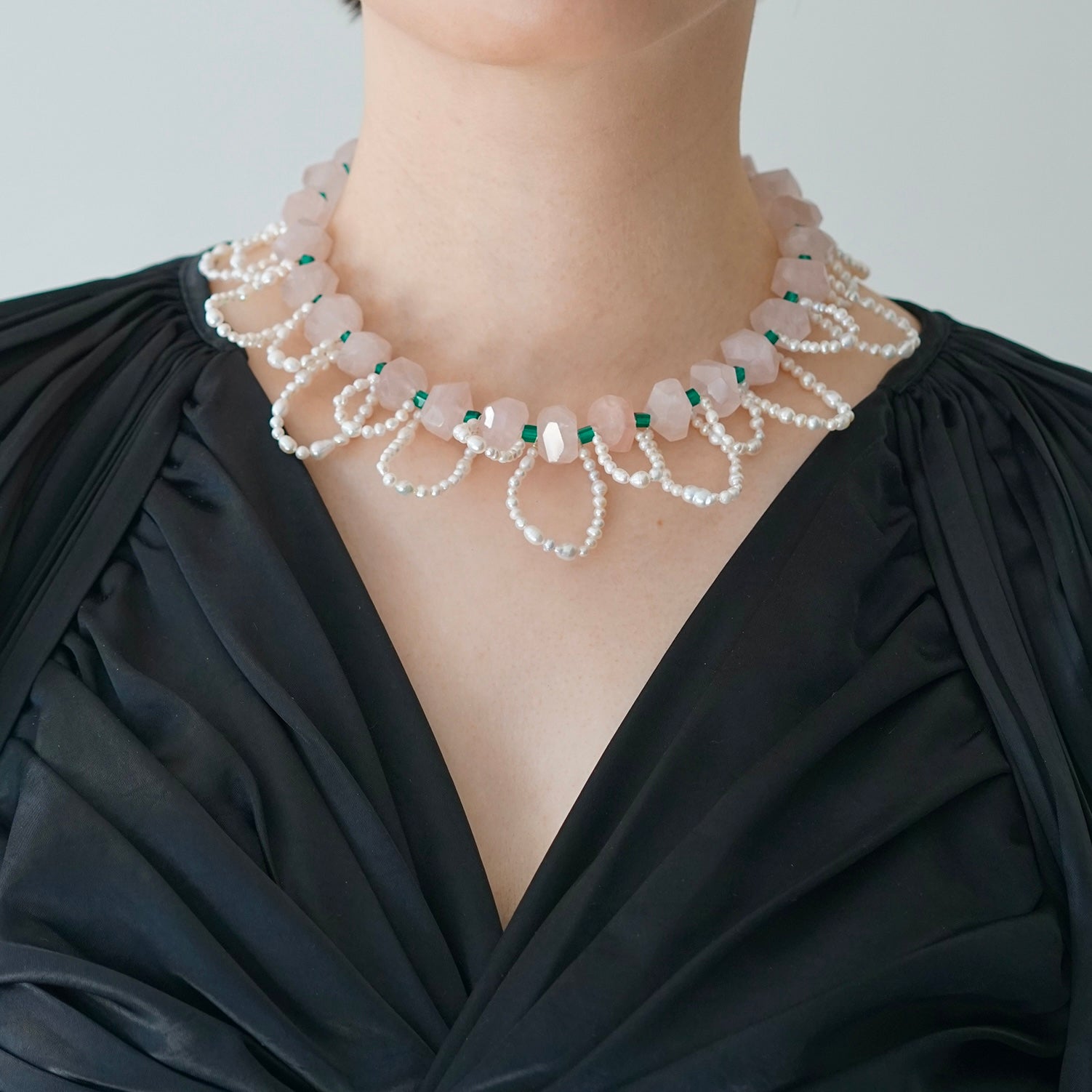 Loop Waltz — Rose Quartz & Baroque Pearls Necklace