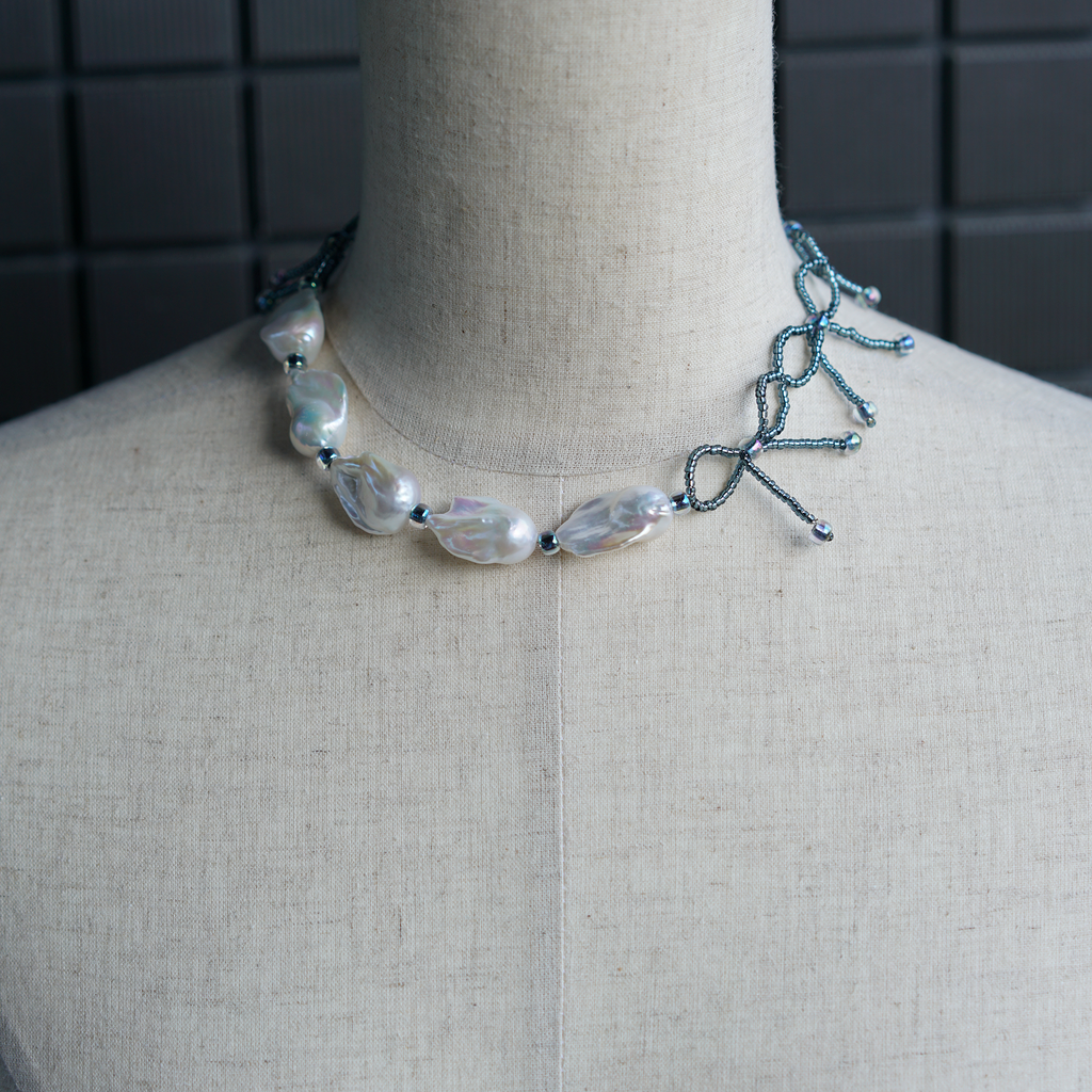Ice Knot | Silver-Blue Baroque Pearl & Japanese Glass Choker