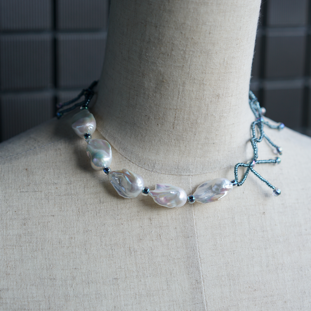Ice Knot | Silver-Blue Baroque Pearl & Japanese Glass Choker