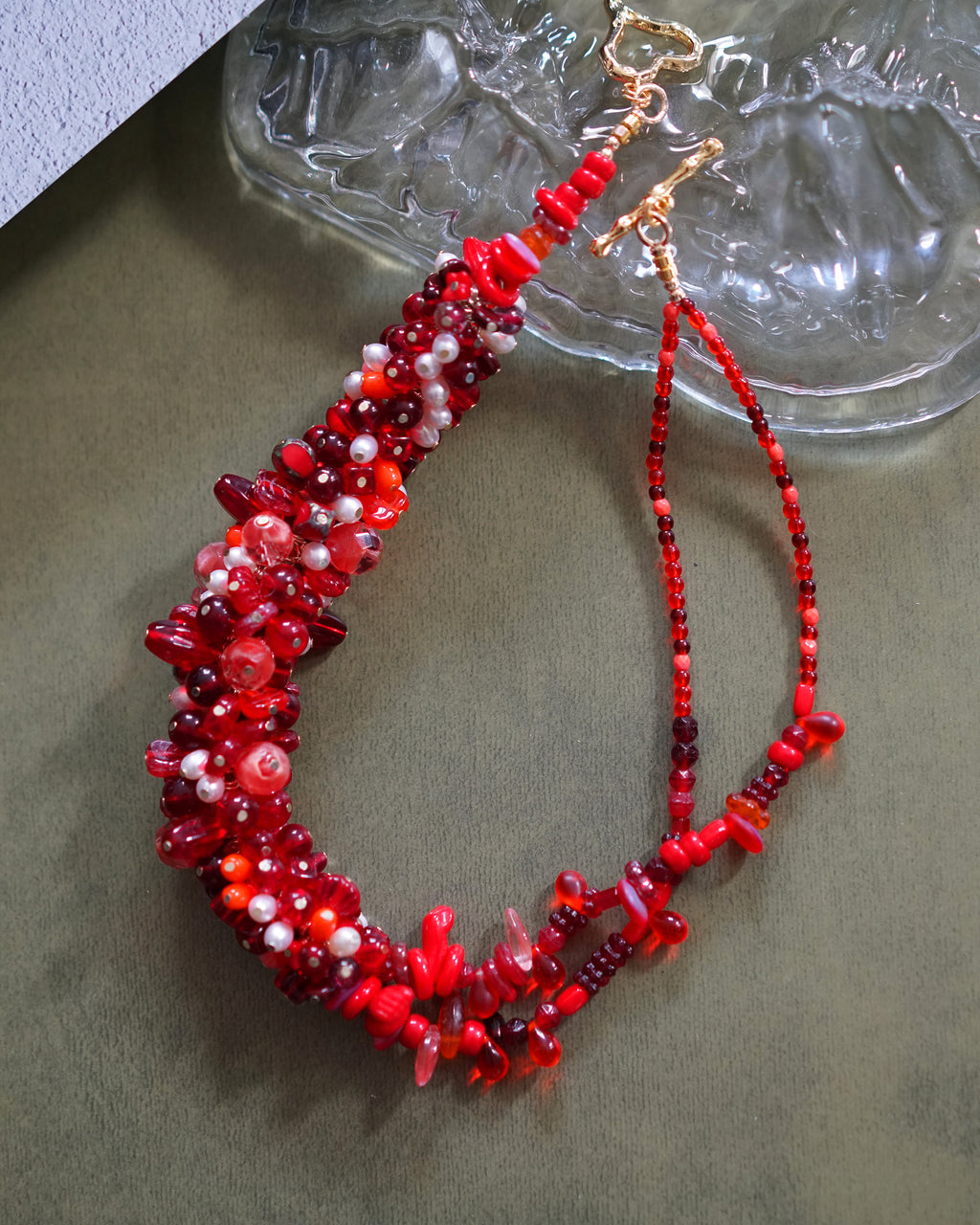 Crimson Bloom — Freshwater Pearl & Czech Glass Necklace