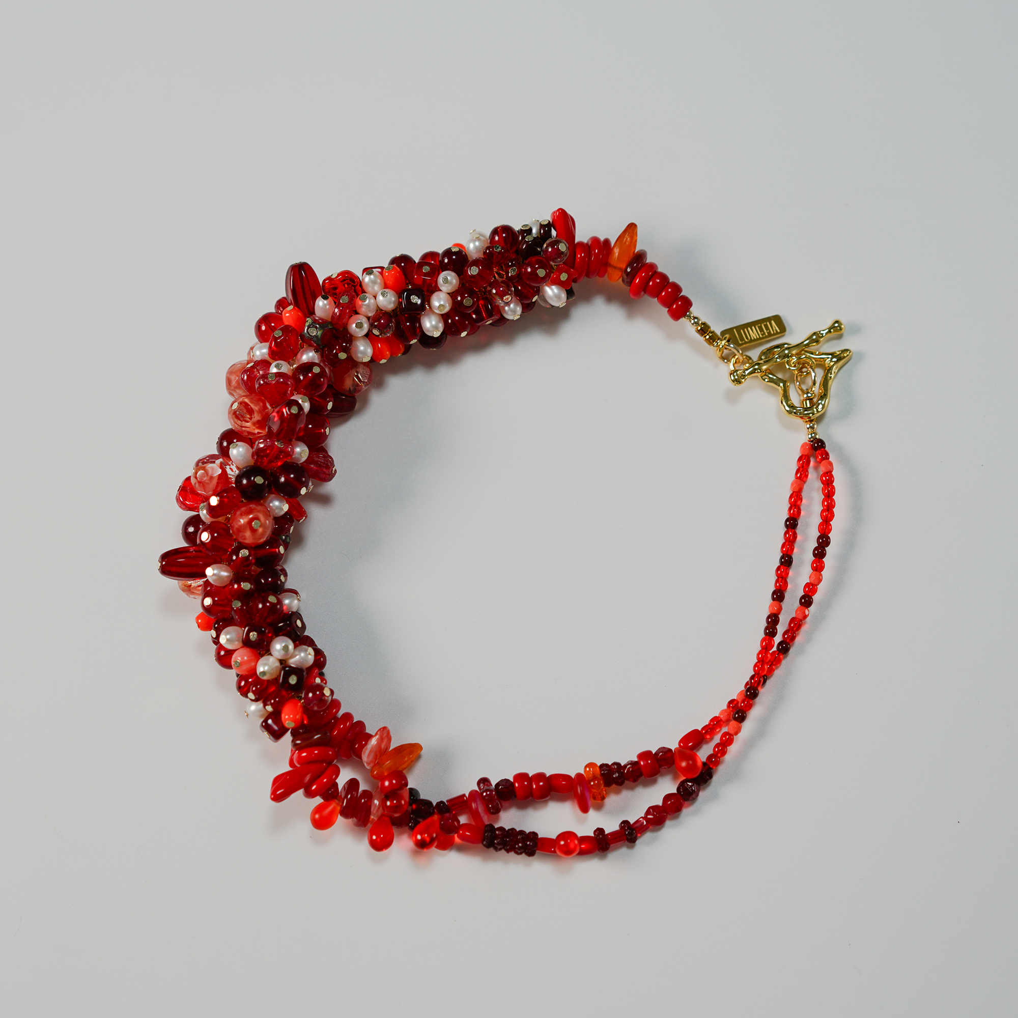 Crimson Bloom — Statement Freshwater Pearl & Czech Glass Necklace