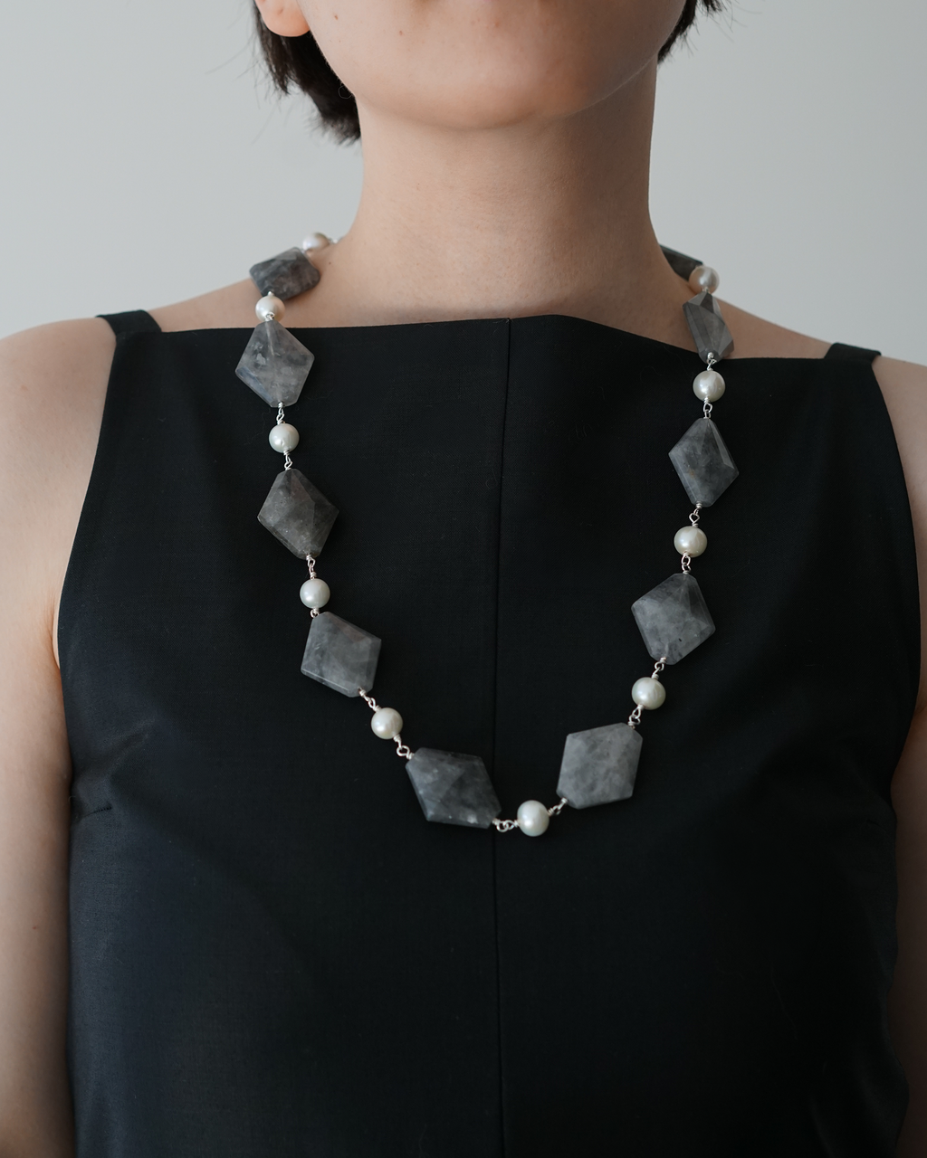 Mist Geometry — Linked Edison Pearl & Quartz Necklace