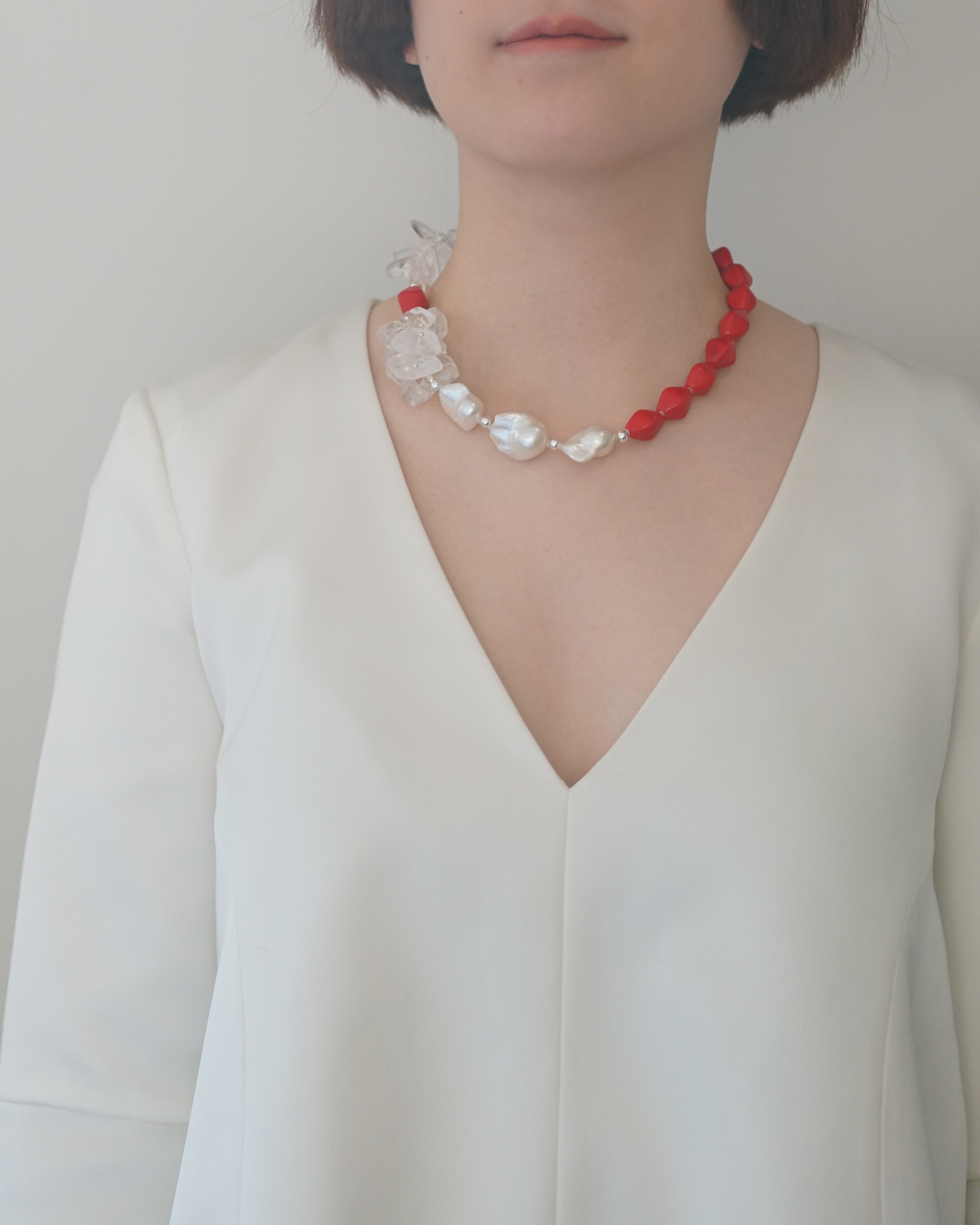 Scarlet Frost — Czech Glass & Baroque Pearl Necklace