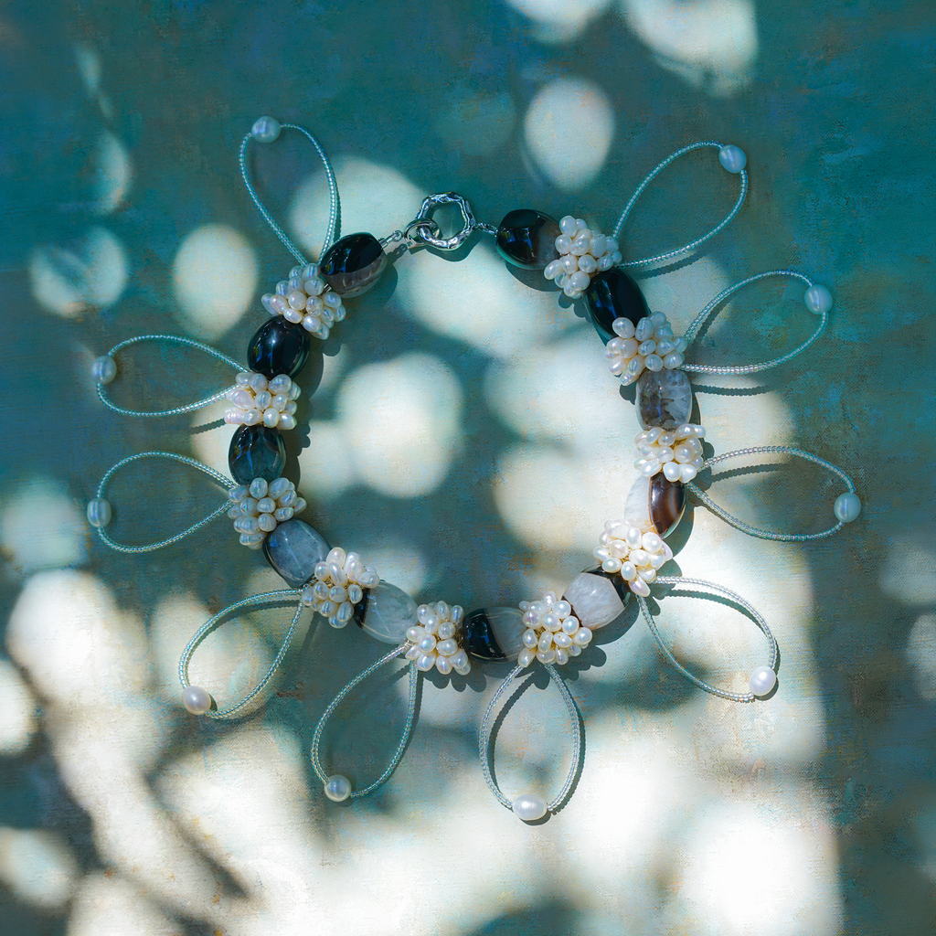 Silent Orbit | Hand-Linked Coexisting Quartz & Freshwater Pearl Statement Necklace | Lumefia