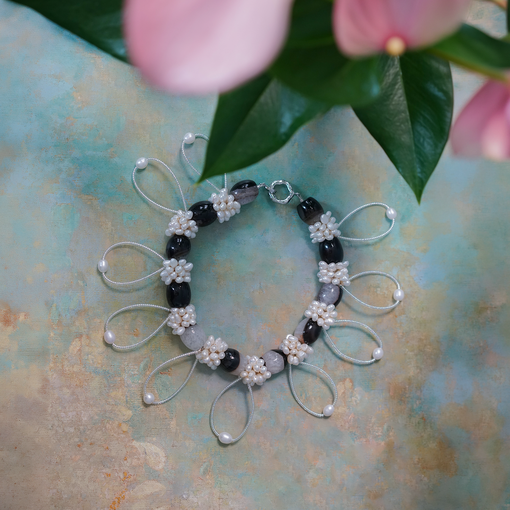 Silent Orbit | Hand-Linked Coexisting Quartz & Freshwater Pearl Statement Necklace | Lumefia