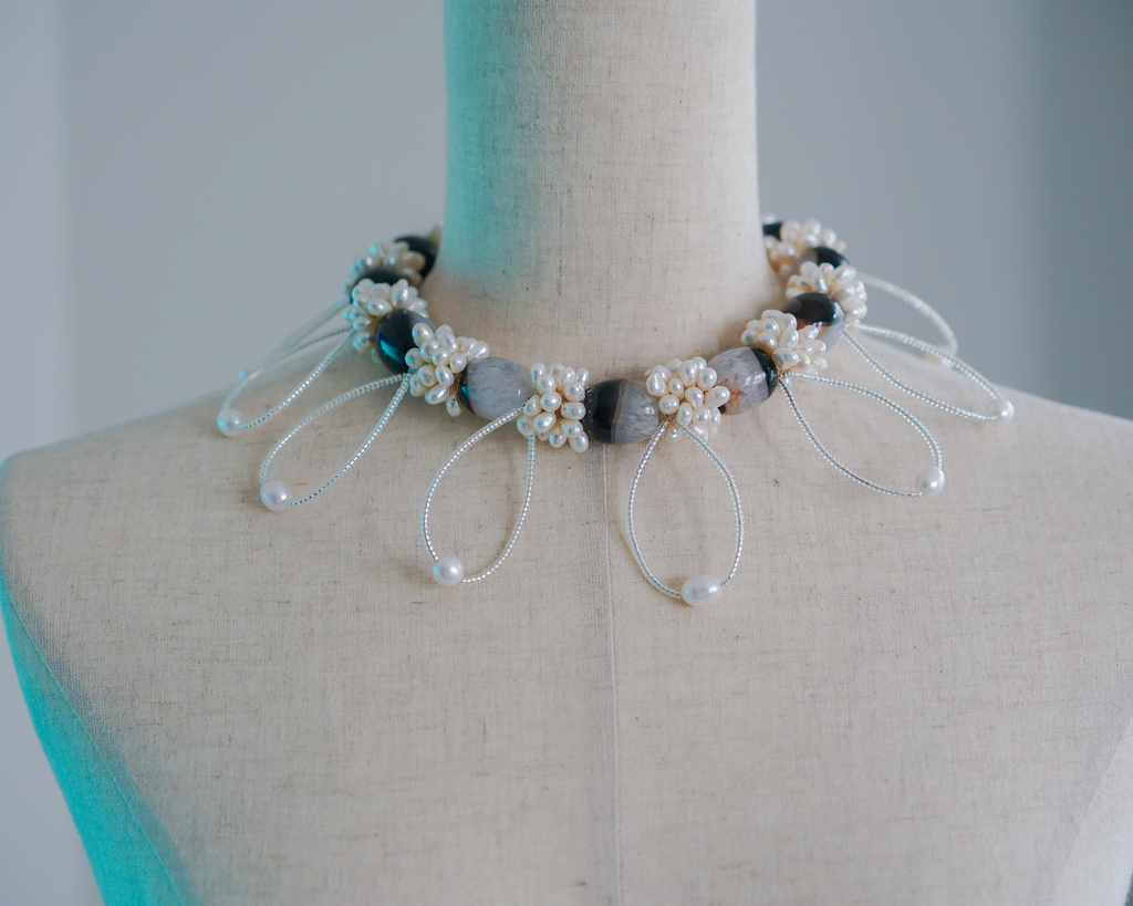 Silent Orbit | Hand-Linked Coexisting Quartz & Freshwater Pearl Statement Necklace | Lumefia