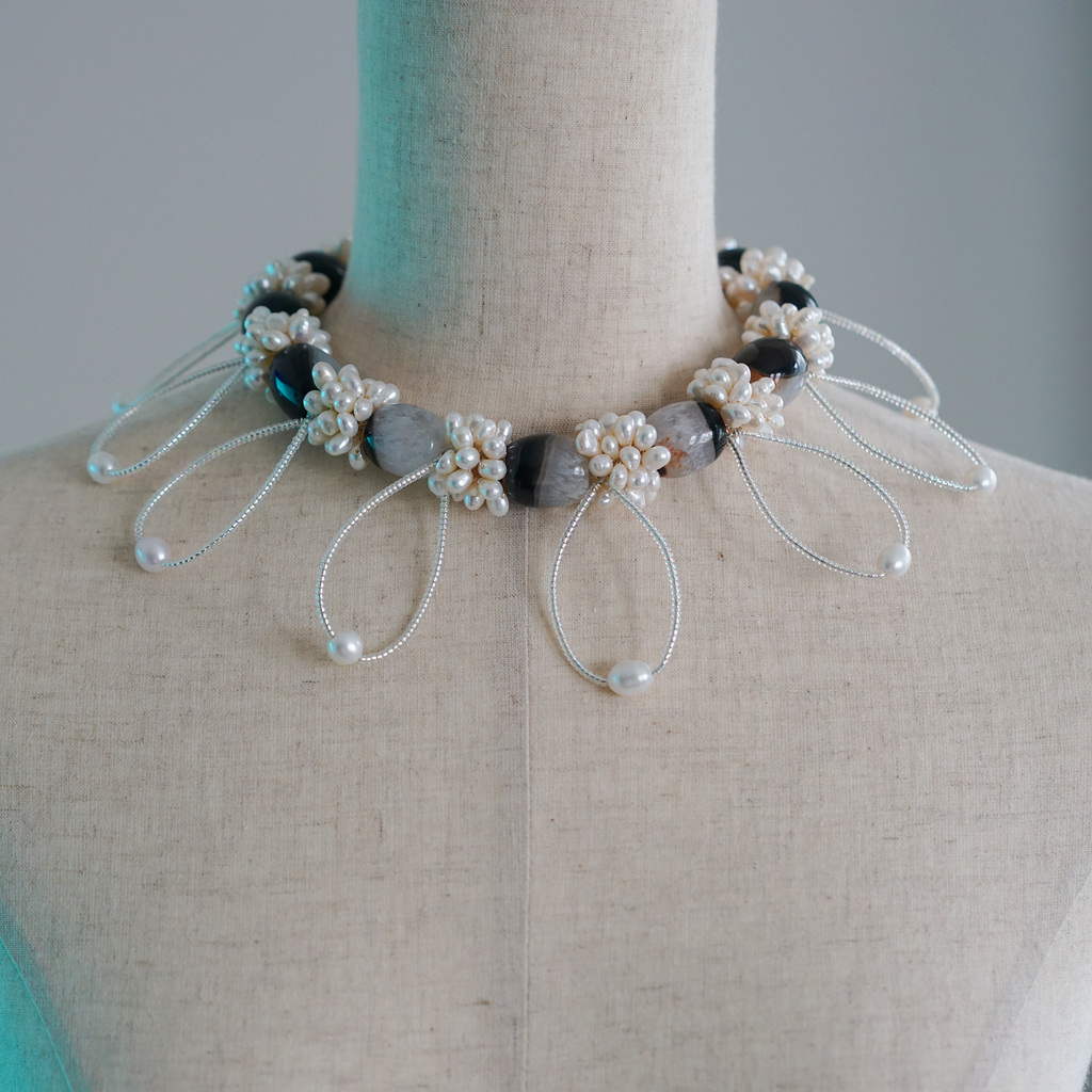 Silent Orbit | Hand-Linked Coexisting Quartz & Freshwater Pearl Statement Necklace | Lumefia
