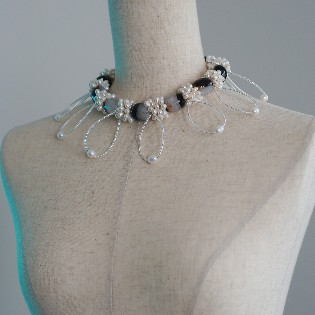 Silent Orbit | Hand-Linked Coexisting Quartz & Freshwater Pearl Statement Necklace | Lumefia