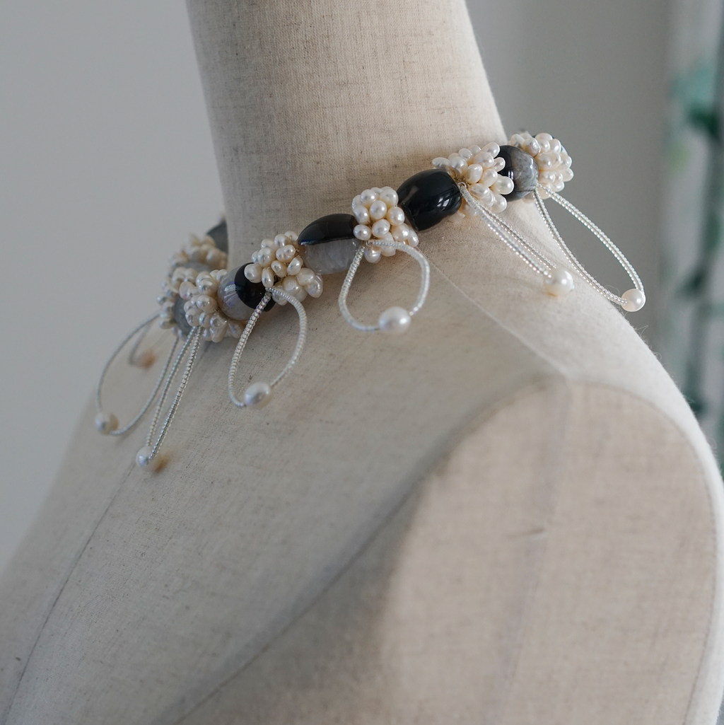 Silent Orbit | Hand-Linked Coexisting Quartz & Freshwater Pearl Statement Necklace | Lumefia
