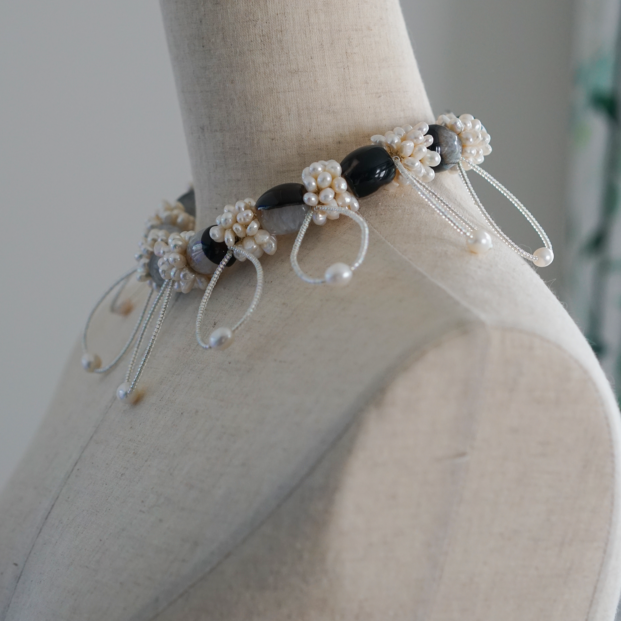 Silent Orbit | Hand-Linked Coexisting Quartz & Freshwater Pearl Statement Necklace | Lumefia