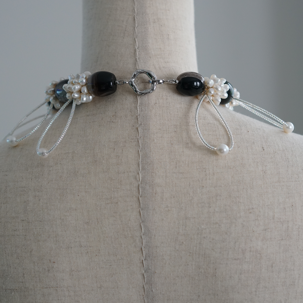 Silent Orbit | Hand-Linked Coexisting Quartz & Freshwater Pearl Statement Necklace | Lumefia