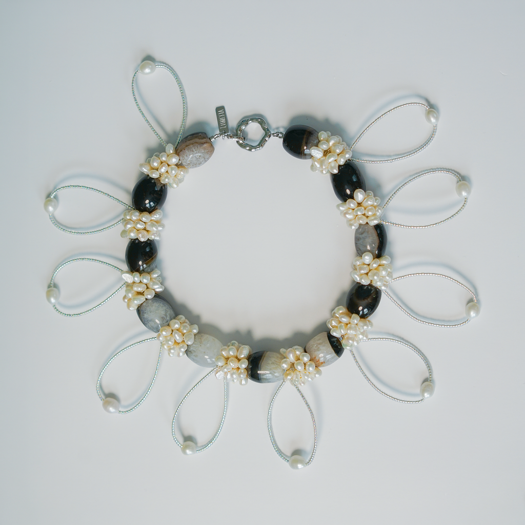 Silent Orbit | Hand-Linked Coexisting Quartz & Freshwater Pearl Statement Necklace | Lumefia