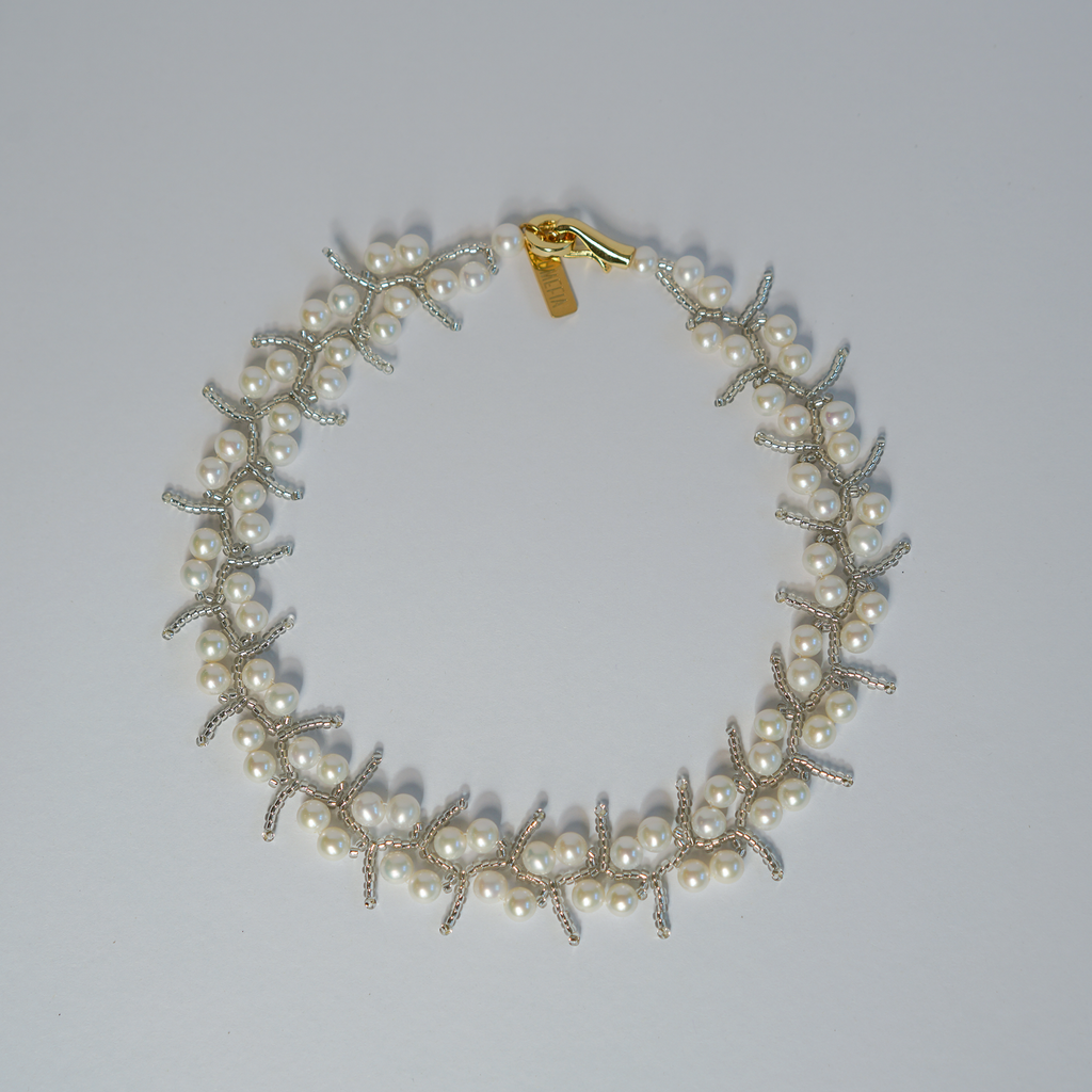 Silver Veins | 5–6mm Freshwater Pearl & Japanese Glass Necklace