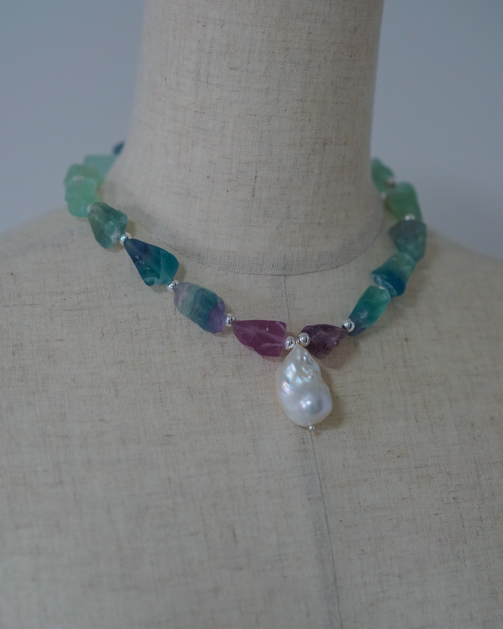 Aqua Whisper — Fluorite & Baroque Pearl Necklace