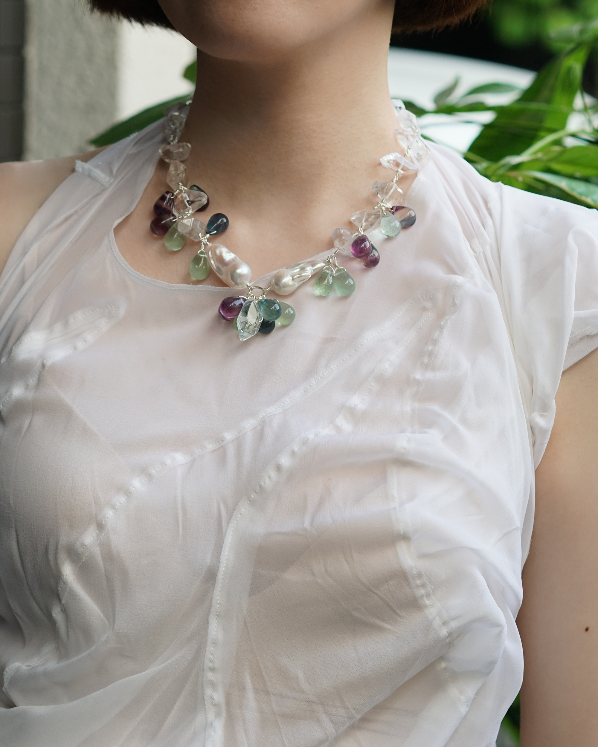 Aurora Drift — Linked Baroque Pearl & Fluorite Necklace