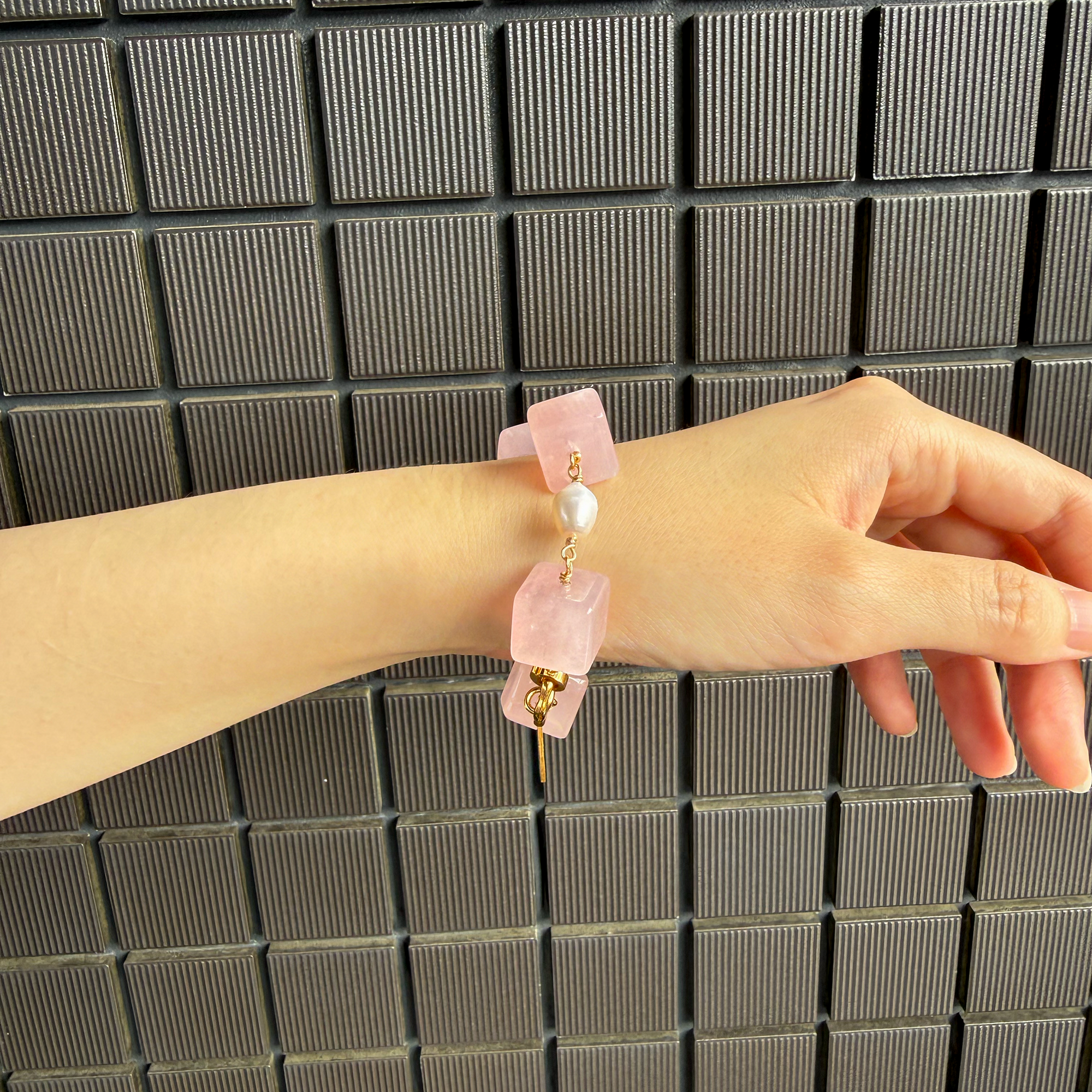 Blush Block Bracelet | Rose Quartz & Freshwater Pearl Bracelet | Lumefia